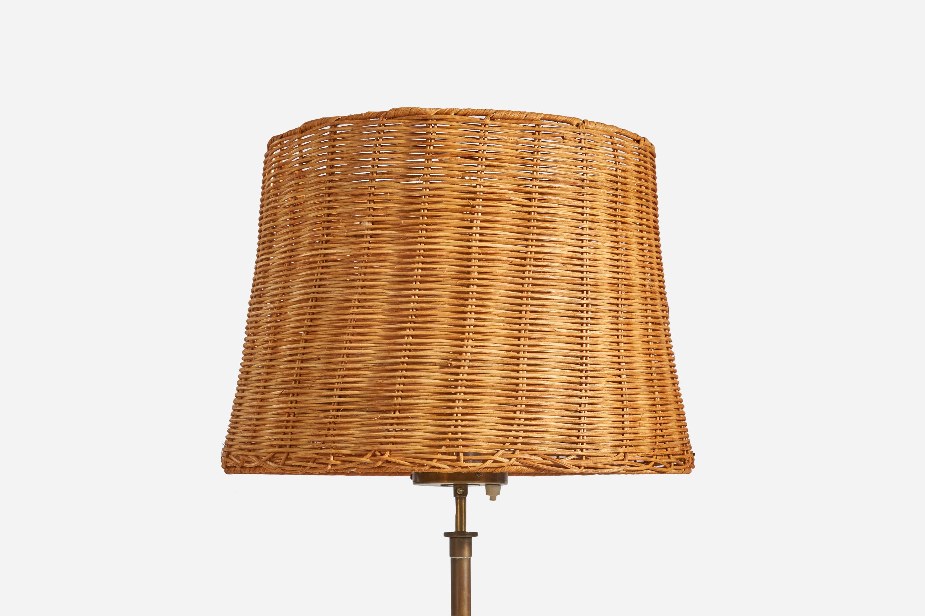 Swedish H.W. Armatur, Adjustable Floor Lamp, Brass, Rattan, Sweden, 1950s For Sale