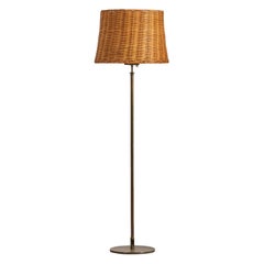 H.W. Armatur, verstellbare Stehlampe, Messing, Rattan, Schweden, 1950er Jahre