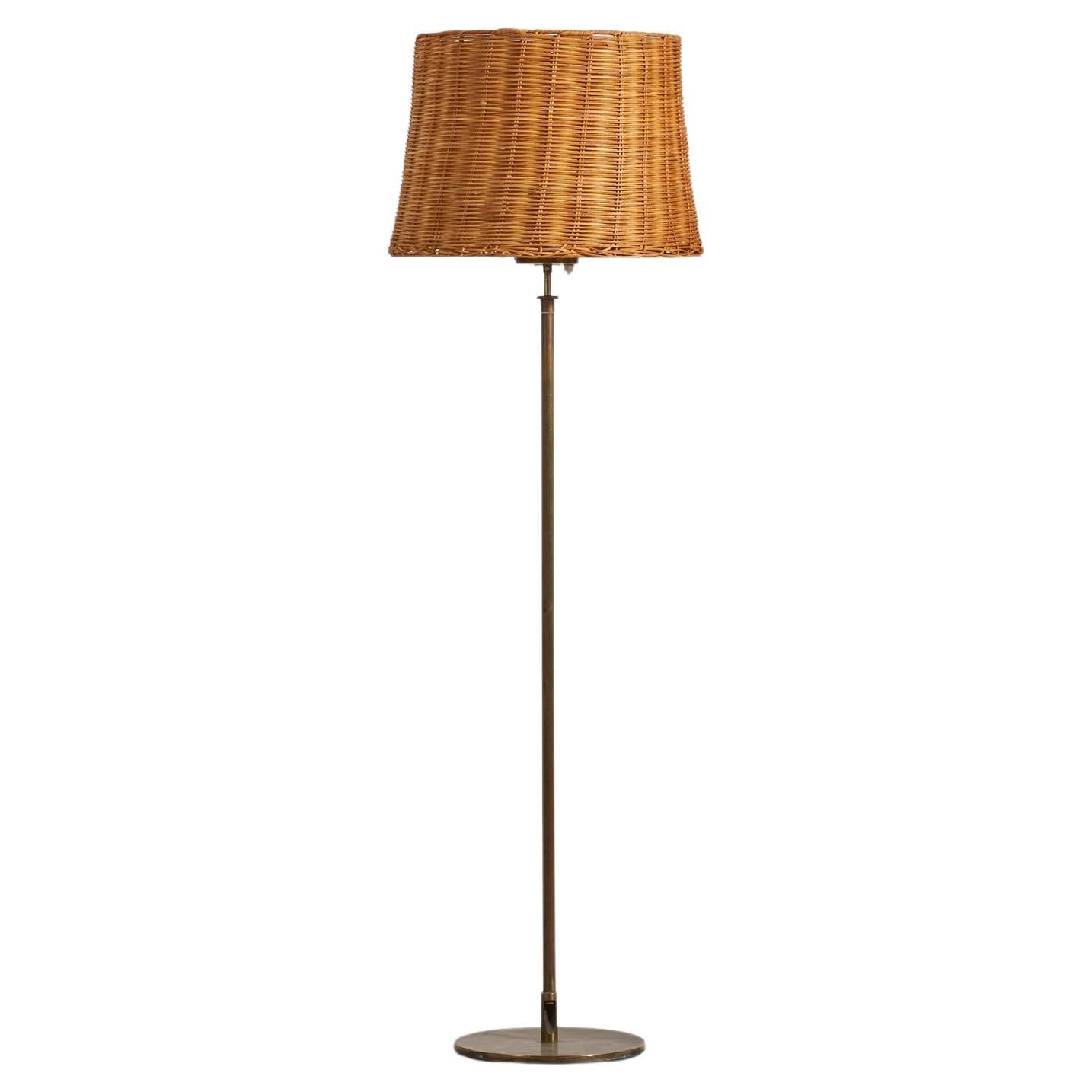 H.W. Armatur, Adjustable Floor Lamp, Brass, Rattan, Sweden, 1950s For Sale