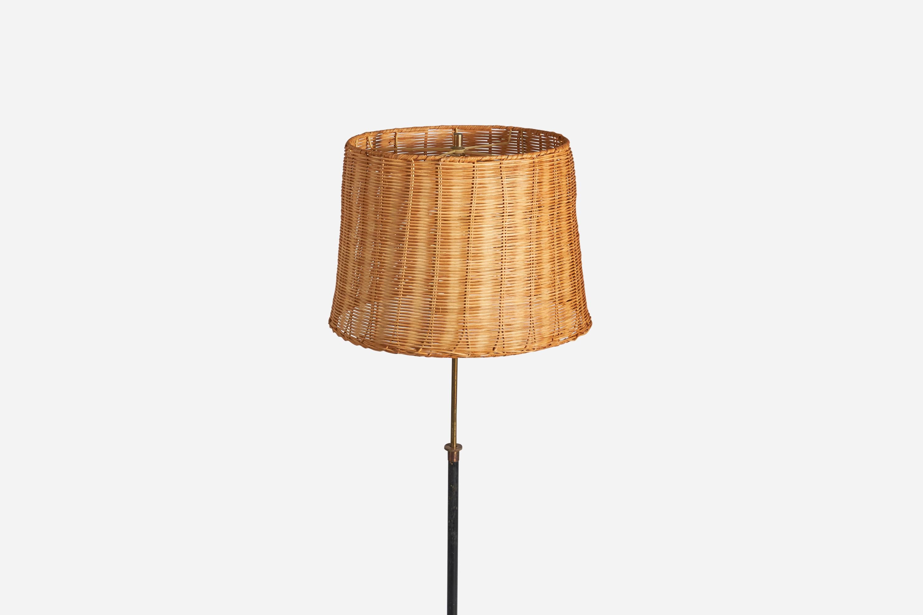 H.W. Armatur, Floor Lamp, Brass, Metal, Rattan, Sweden, 1940s For Sale