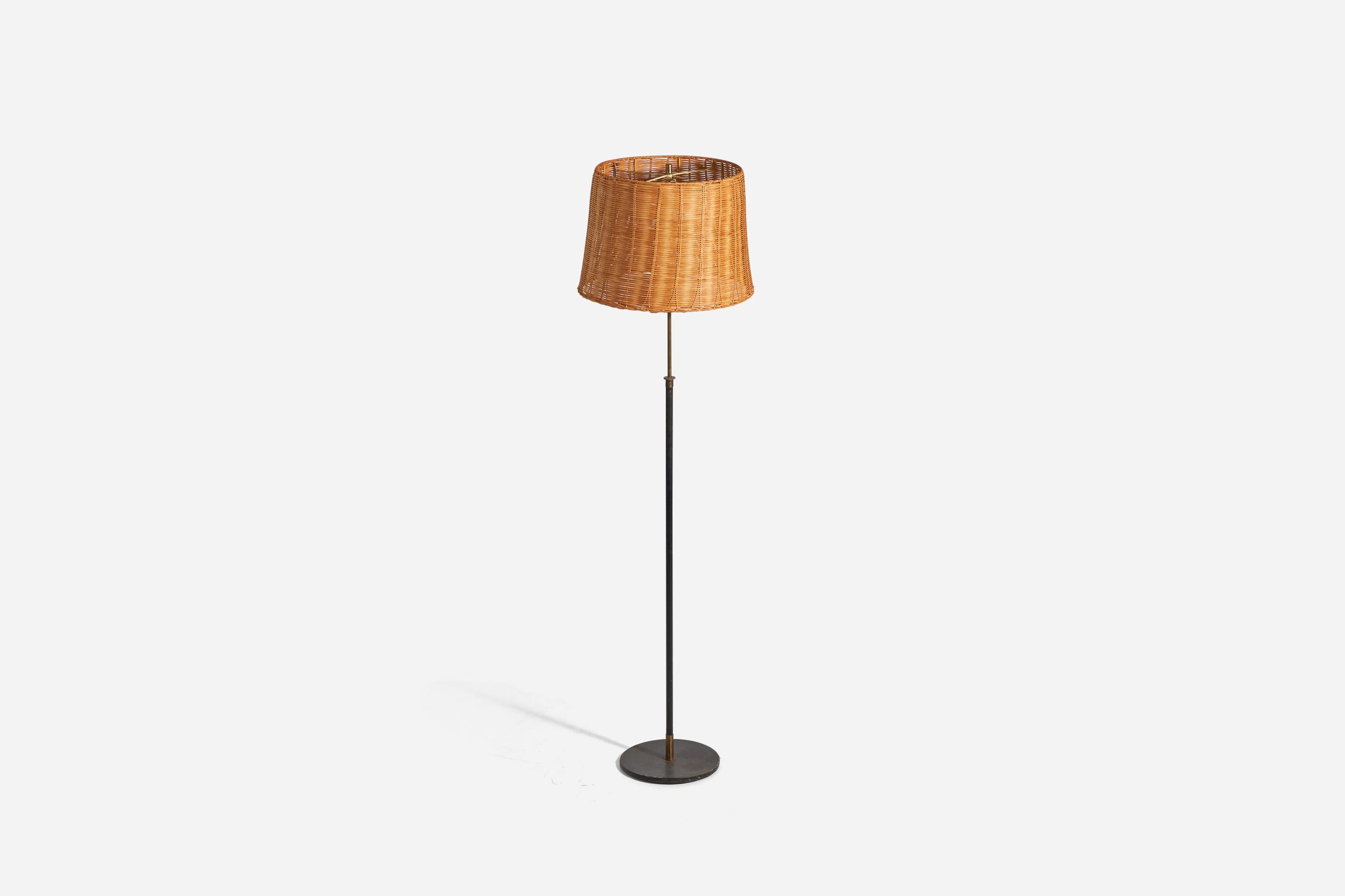 H.W. Armatur, Floor Lamp, Brass, Metal, Rattan, Sweden, 1940s For Sale