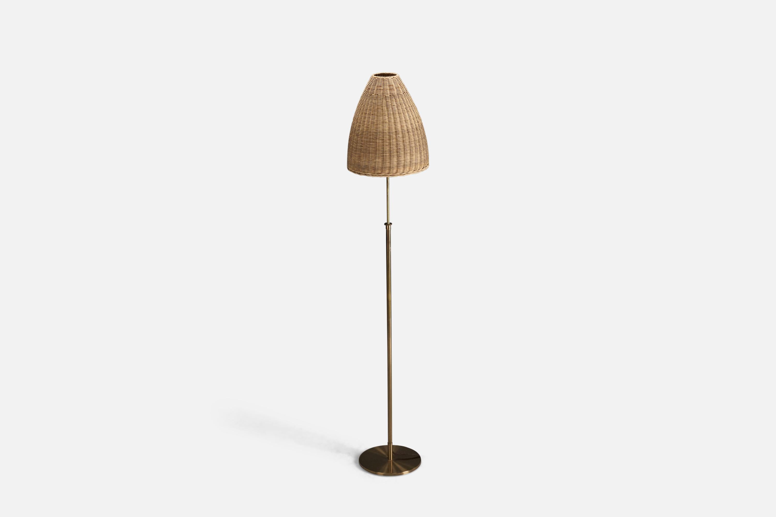 Mid-Century Modern H.W. Armatur, Floor Lamp, Brass, Rattan, Sweden, 1940s For Sale