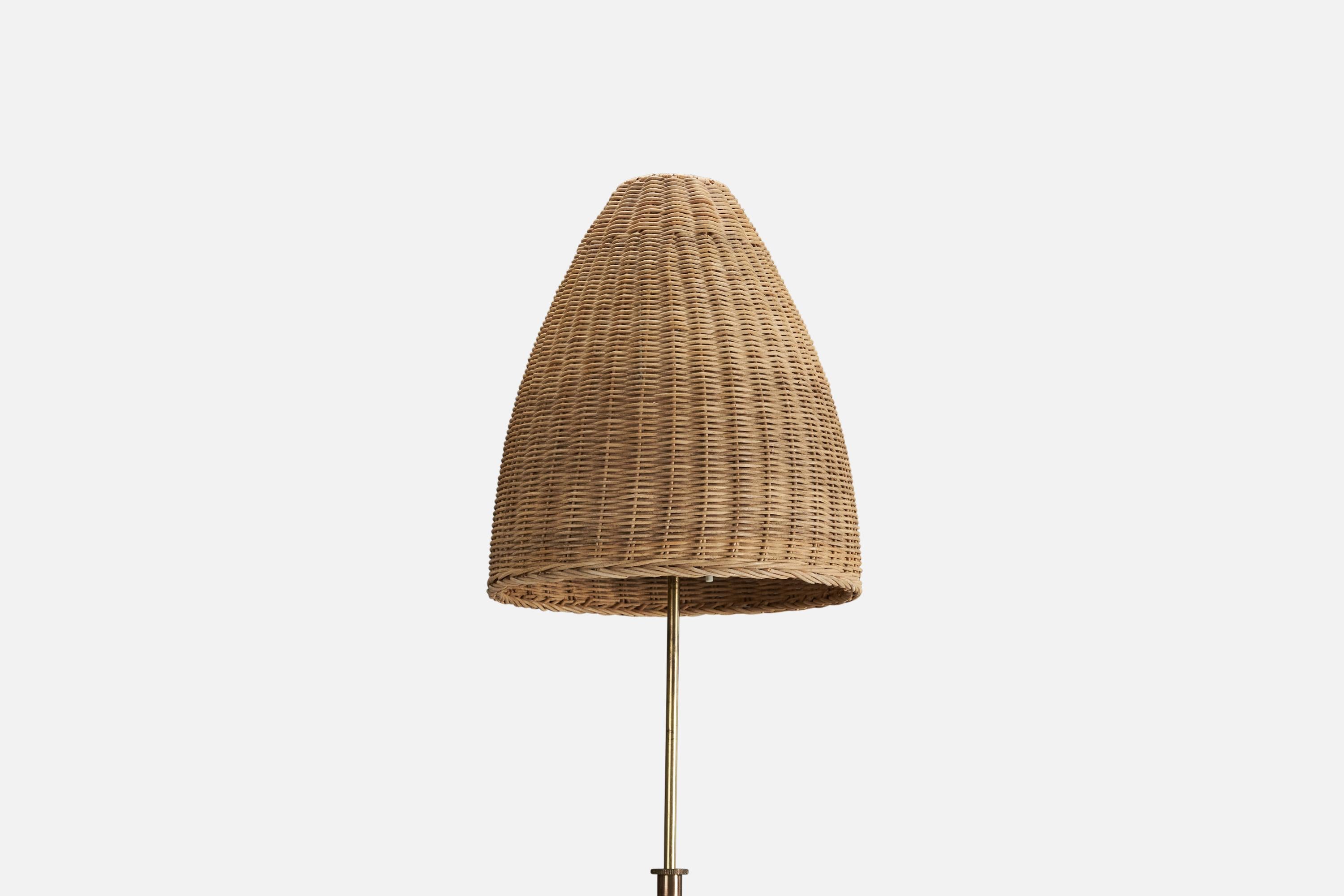 Swedish H.W. Armatur, Floor Lamp, Brass, Rattan, Sweden, 1940s For Sale