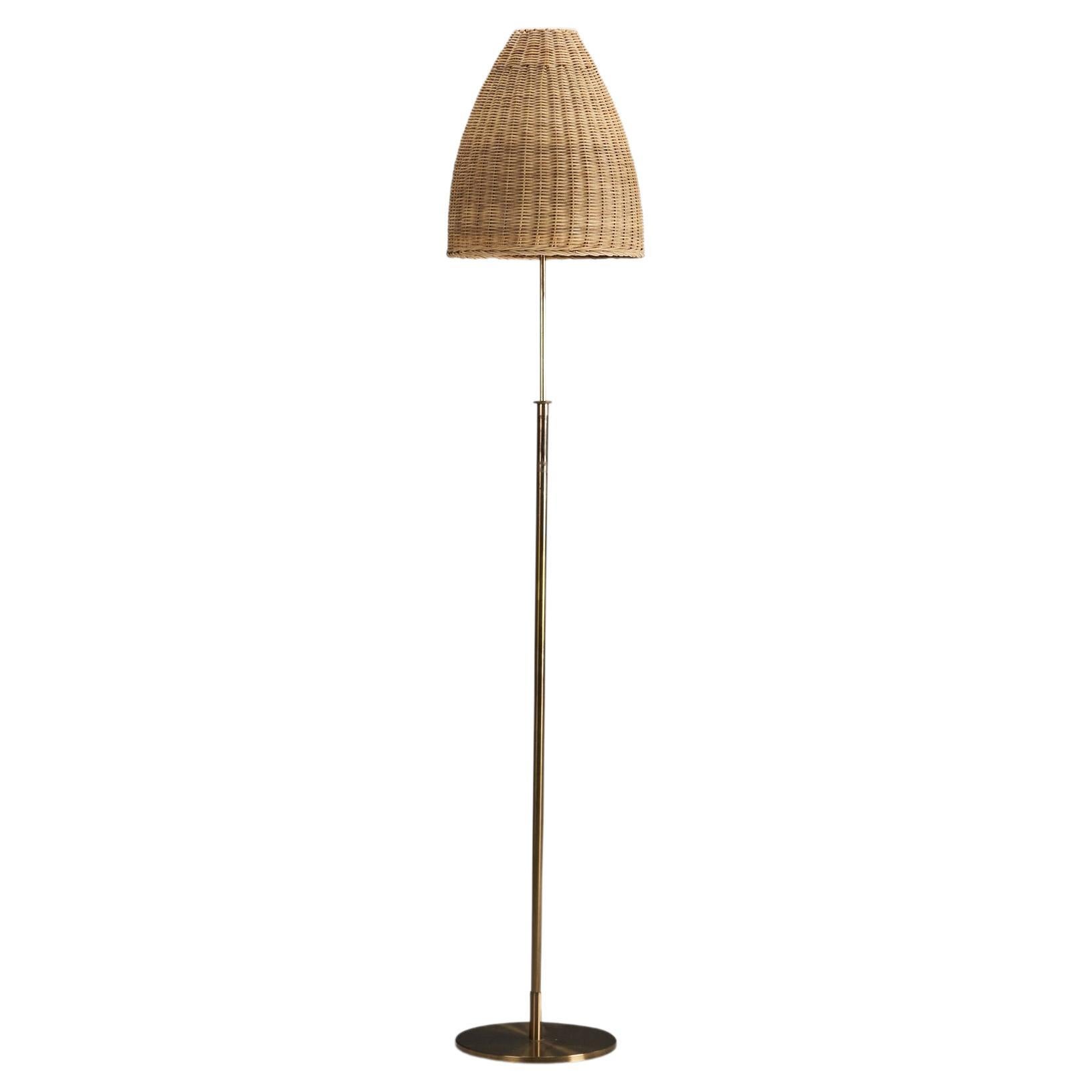 H.W. Armatur, Floor Lamp, Brass, Rattan, Sweden, 1940s For Sale