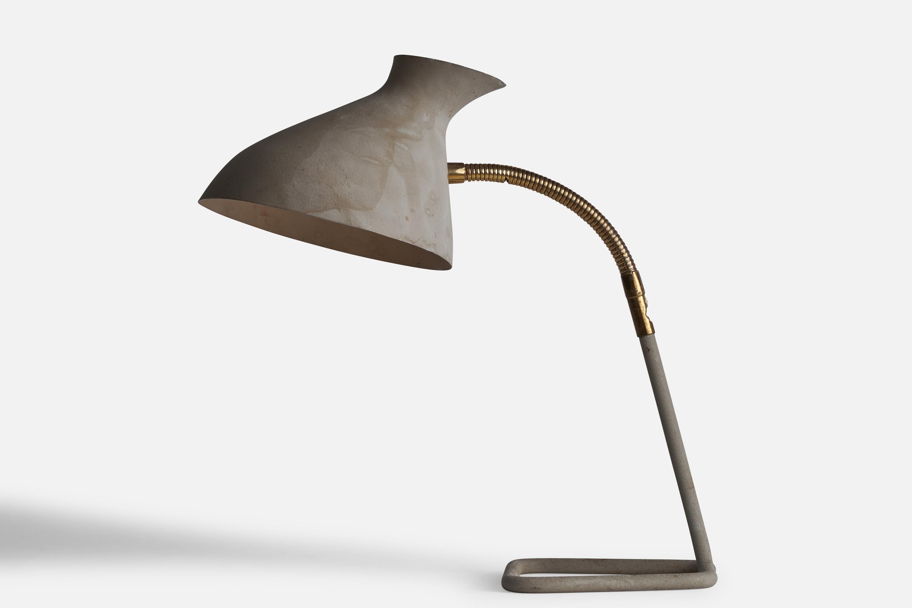 An adjustable brass, grey-painted metal and iron table lamp designed and produced by HW Armature, Sweden, 1950s.

Please note cord feeds from middle of stem where iron and brass connects.
Overall Dimensions (inches): 15” H x 7.5
