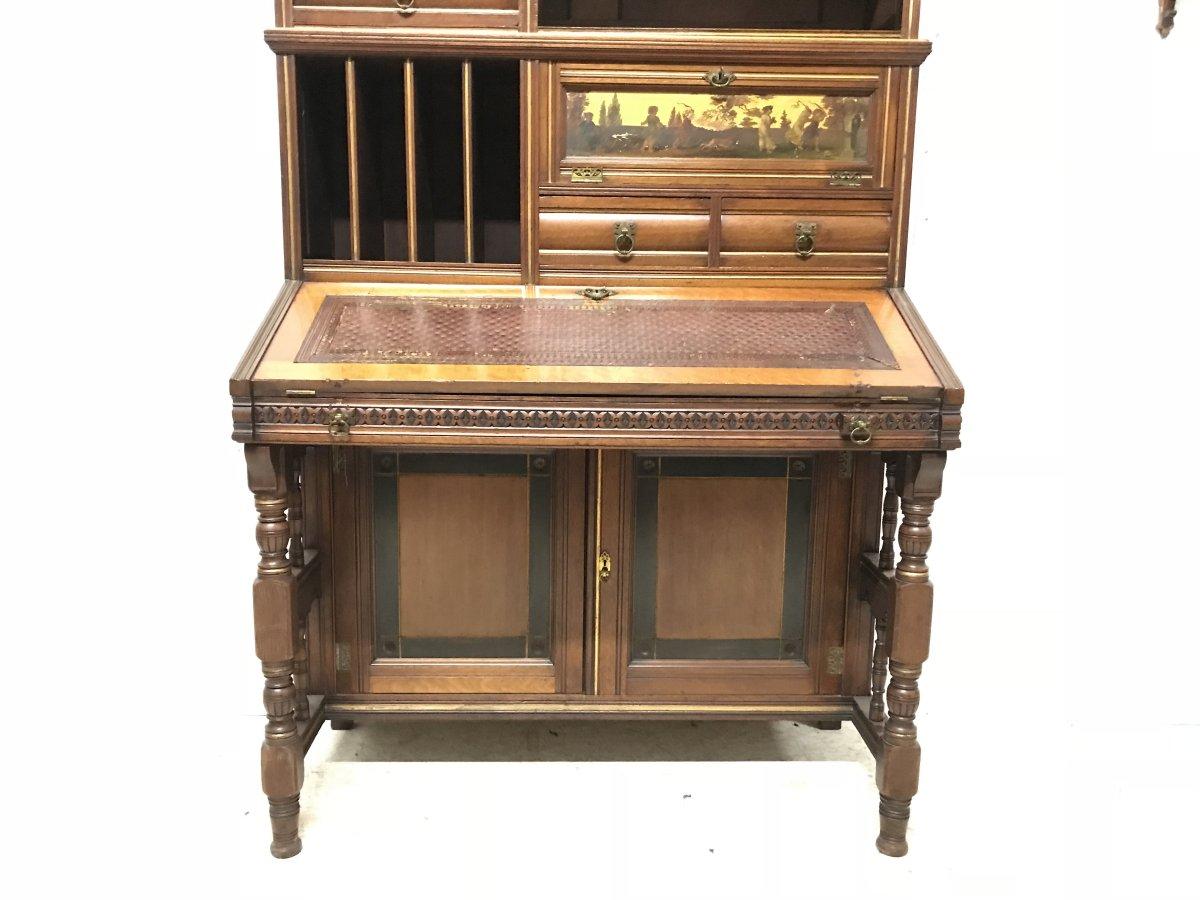 H.W. Batley Gillows & Co an Aesthetic Movement Walnut & Gilt Secretaire Bookcase In Good Condition In London, GB