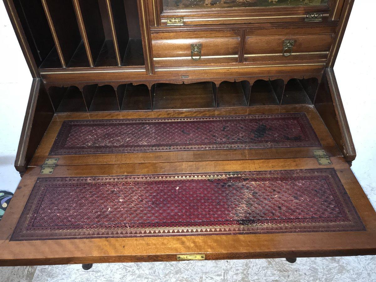 Early 20th Century H.W. Batley Gillows & Co an Aesthetic Movement Walnut & Gilt Secretaire Bookcase