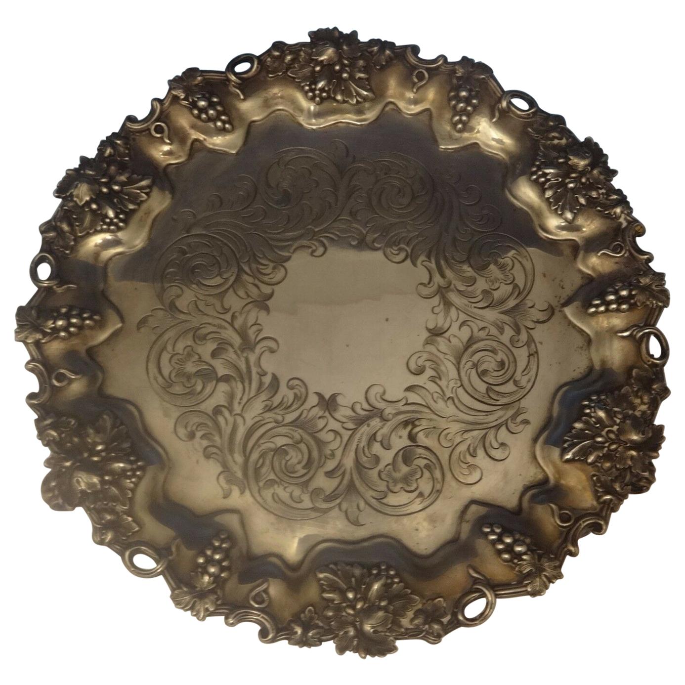 Hw & Co. English Sterling Silver Salver Tray with Grapes Footed, circa 1849