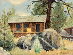 "Mono Hot Springs Cabins, Fresno Co - Calif" Paysage forestier à l'huile sur carton