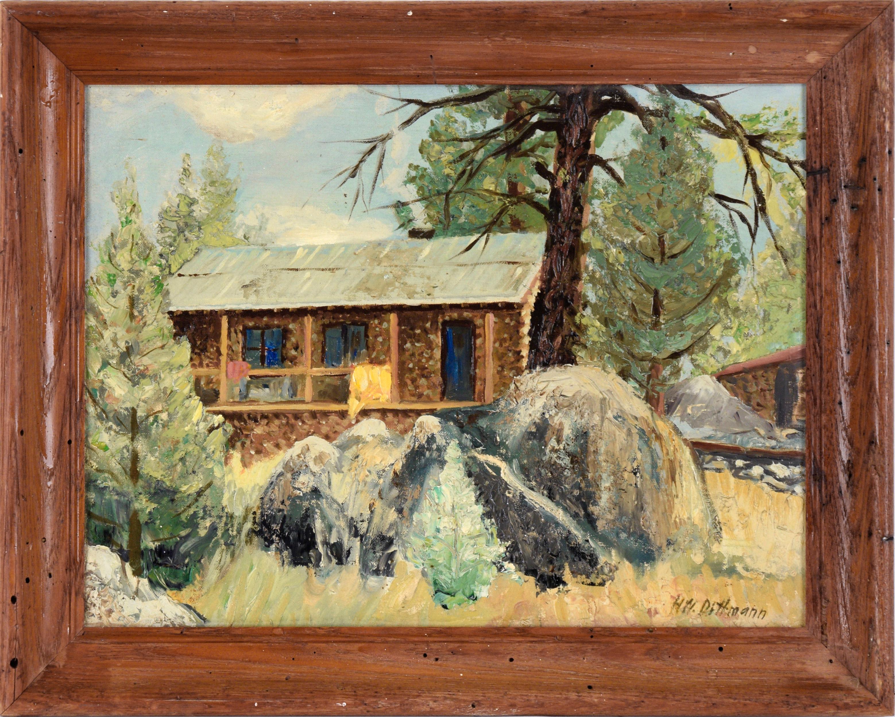 Landscape Painting HW Dittmann - "Mono Hot Springs Cabins, Fresno Co - Calif" Paysage forestier à l'huile sur carton