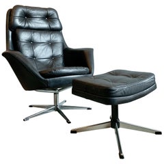 HW Klein Black Leather Swivel Armchair by Bramin with Foot Stool