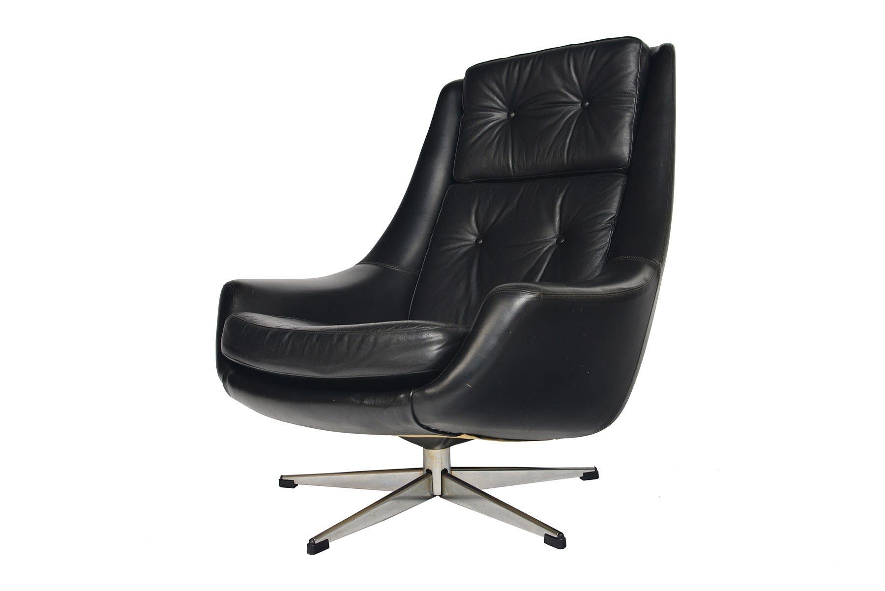 Scandinavian Modern H.W. Klein Black Leather Swivel Lounge Chair