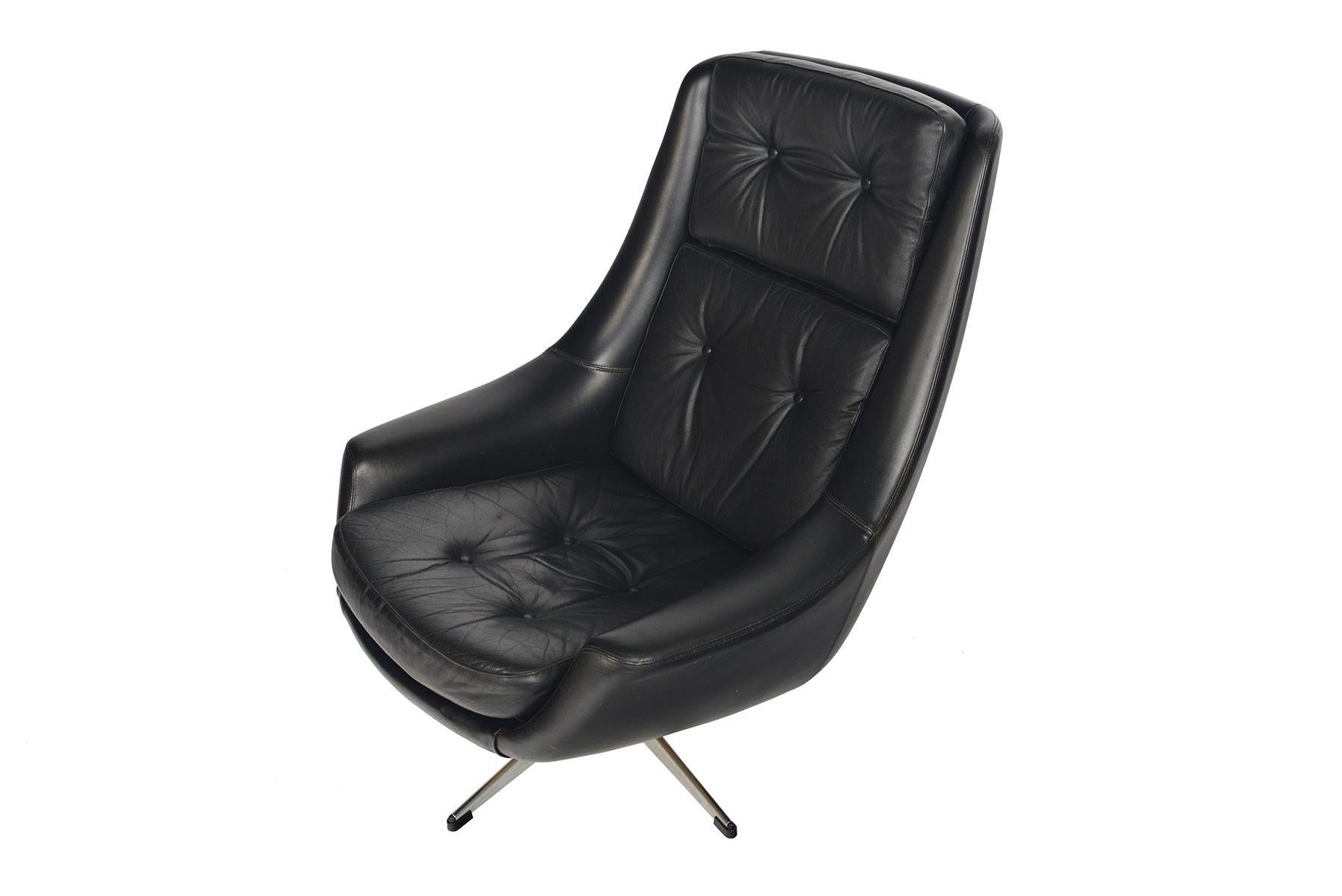 Danish H.W. Klein Black Leather Swivel Lounge Chair