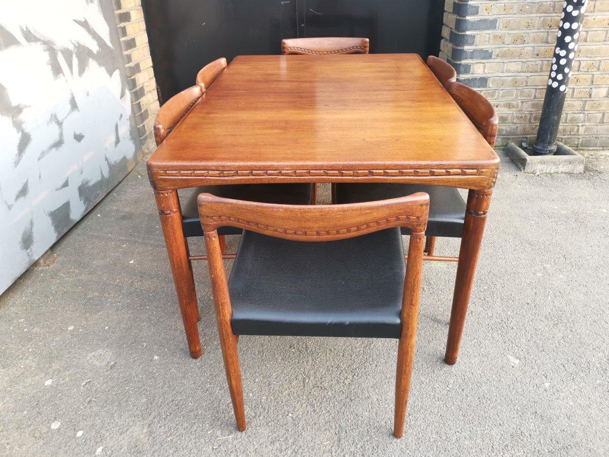 Danish HW Klein, Bramin Scandinavian Extending Dining Table and Six Chairs with Carving For Sale