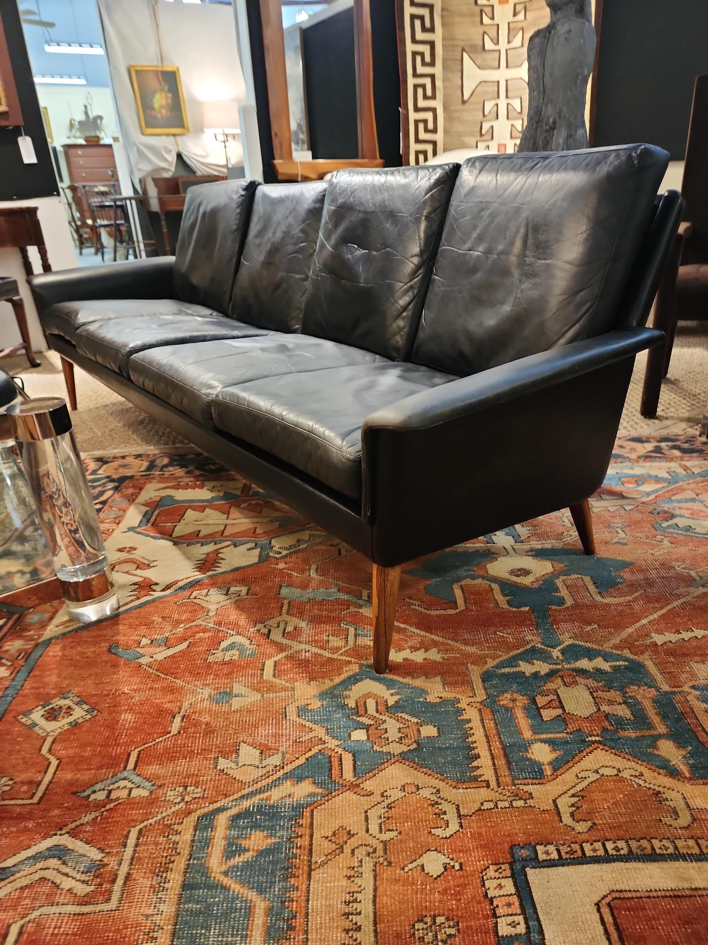 H.W. Klein for Bramin 1960s Leather Sofa with Rosewood Legs 8