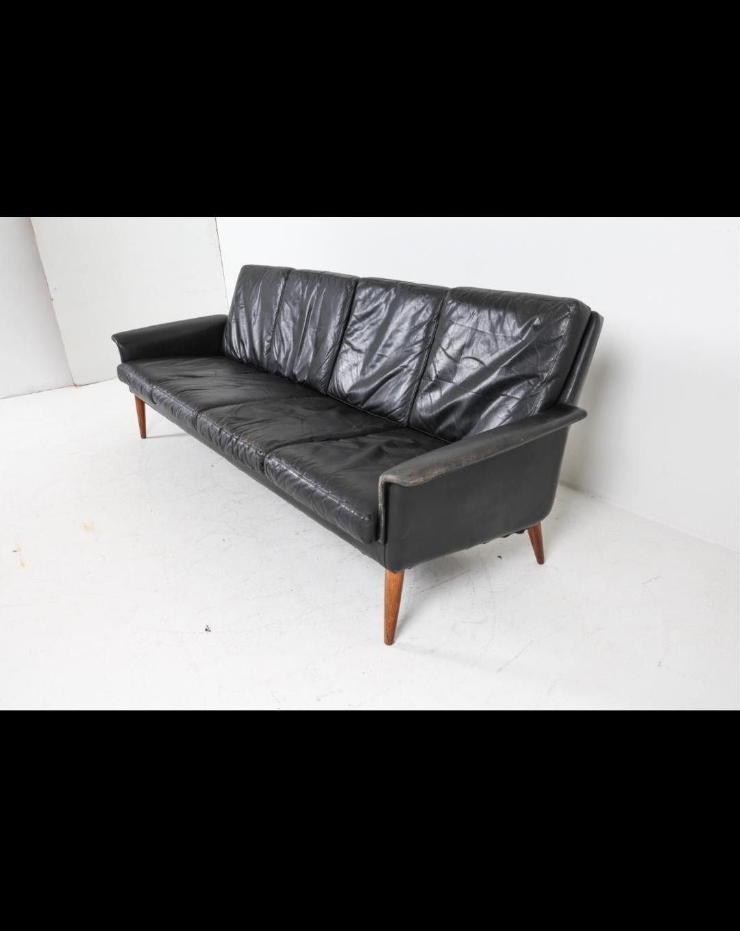 Hand-Crafted H.W. Klein for Bramin 1960s Leather Sofa with Rosewood Legs