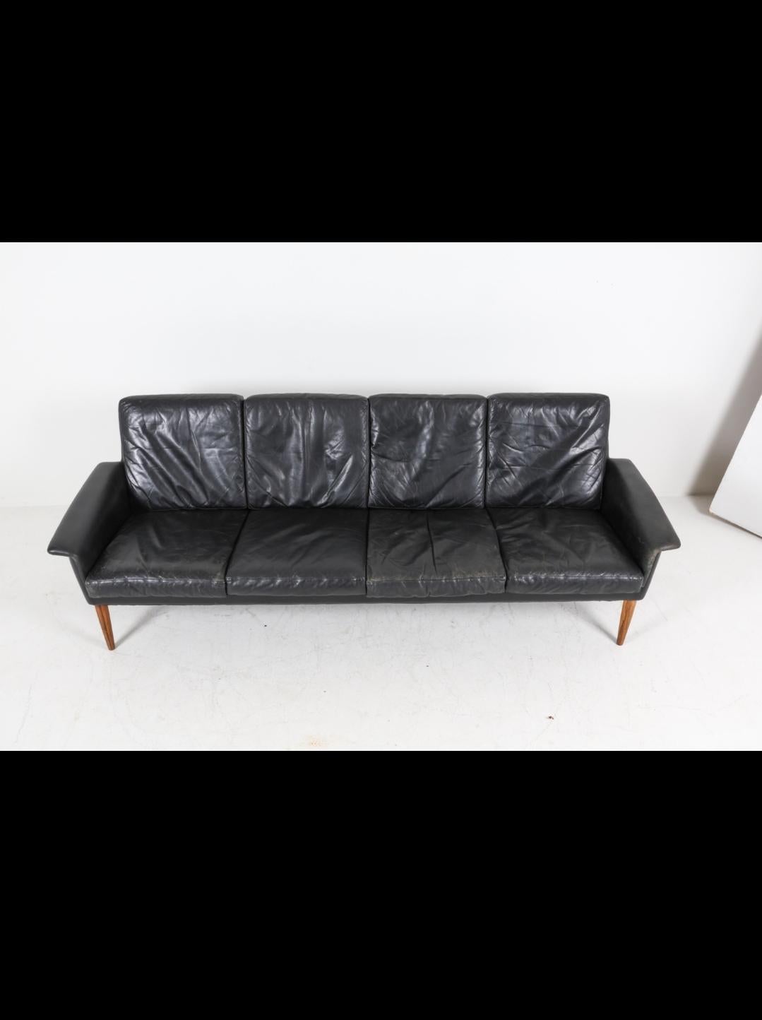 H.W. Klein for Bramin 1960s Leather Sofa with Rosewood Legs 1