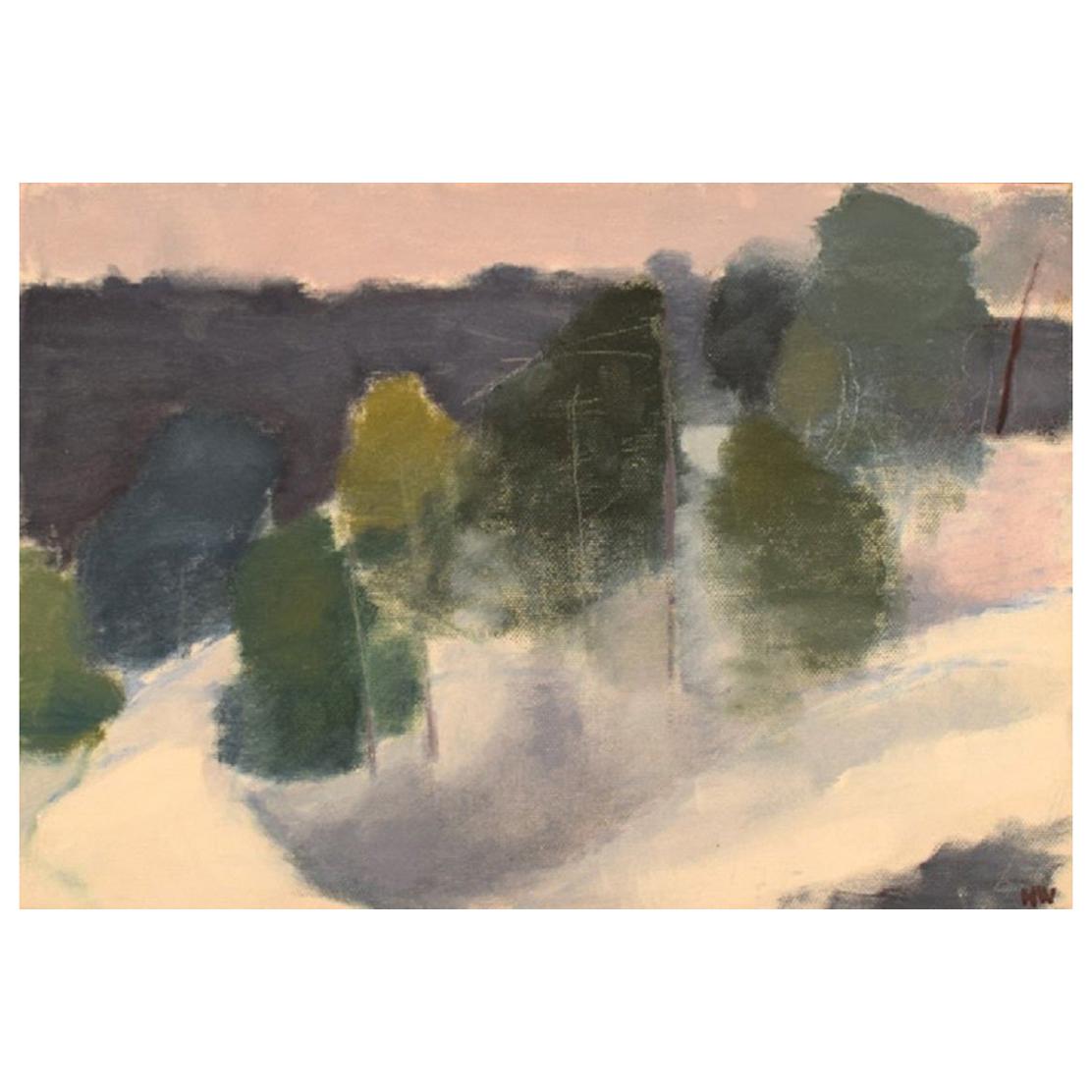 H.W., Swedish Painter, Oil on Canvas, Modernist Winter Landscape, 1960s