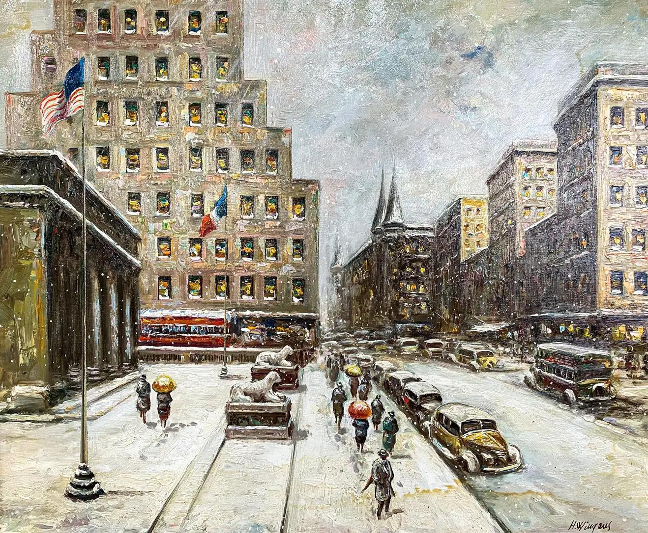 A cityscape oil on canvas painting in the manner Guy Carleton Wiggins ( American, 1883-1962) showing New York City in the 60s. The painting depicts large buildings, people walking and cars parked on the street describing the energetic and busy life