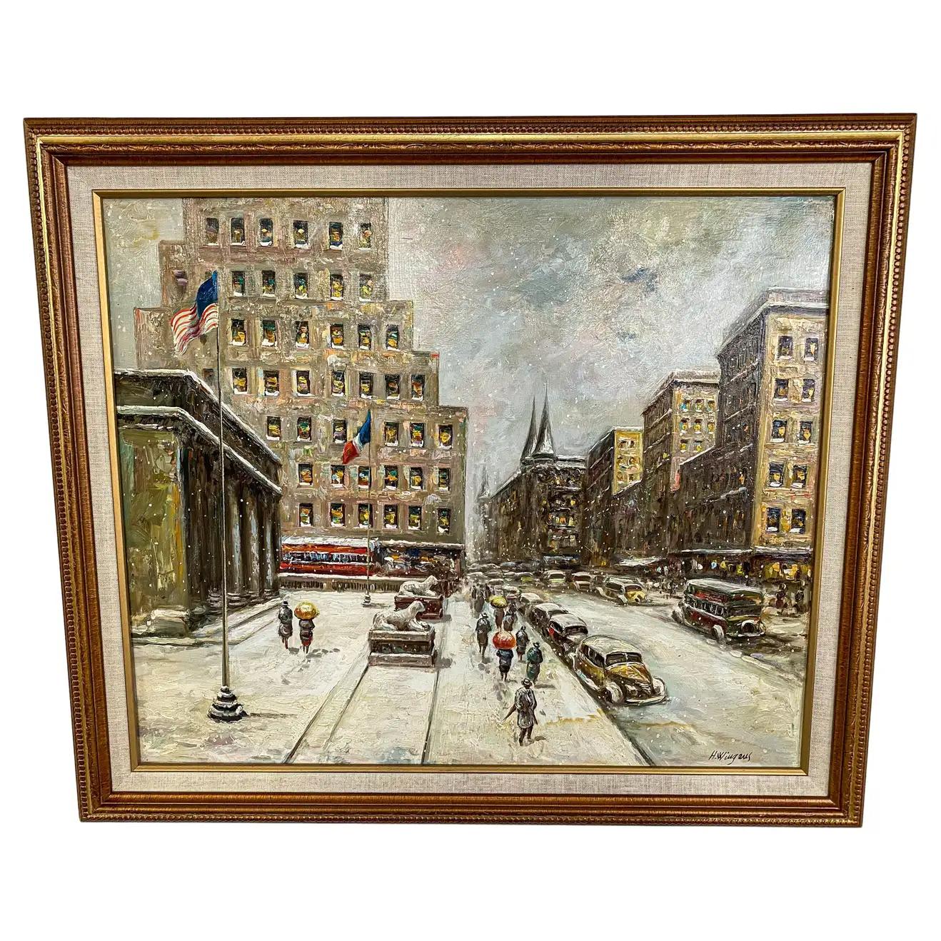 H.Wigens Landscape Painting - City Scape Oil on Canvas Painting Signed and Framed in the Manner of Guy Carleto