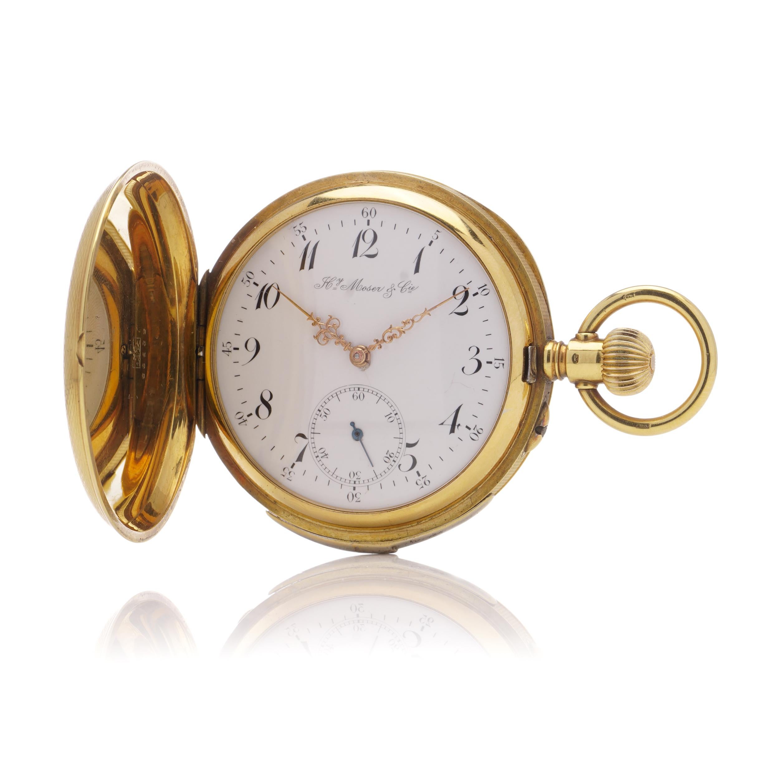Hy Moser & Cie. 14kt gold quarter-repeater full hunter keyless pocket watch For Sale 3