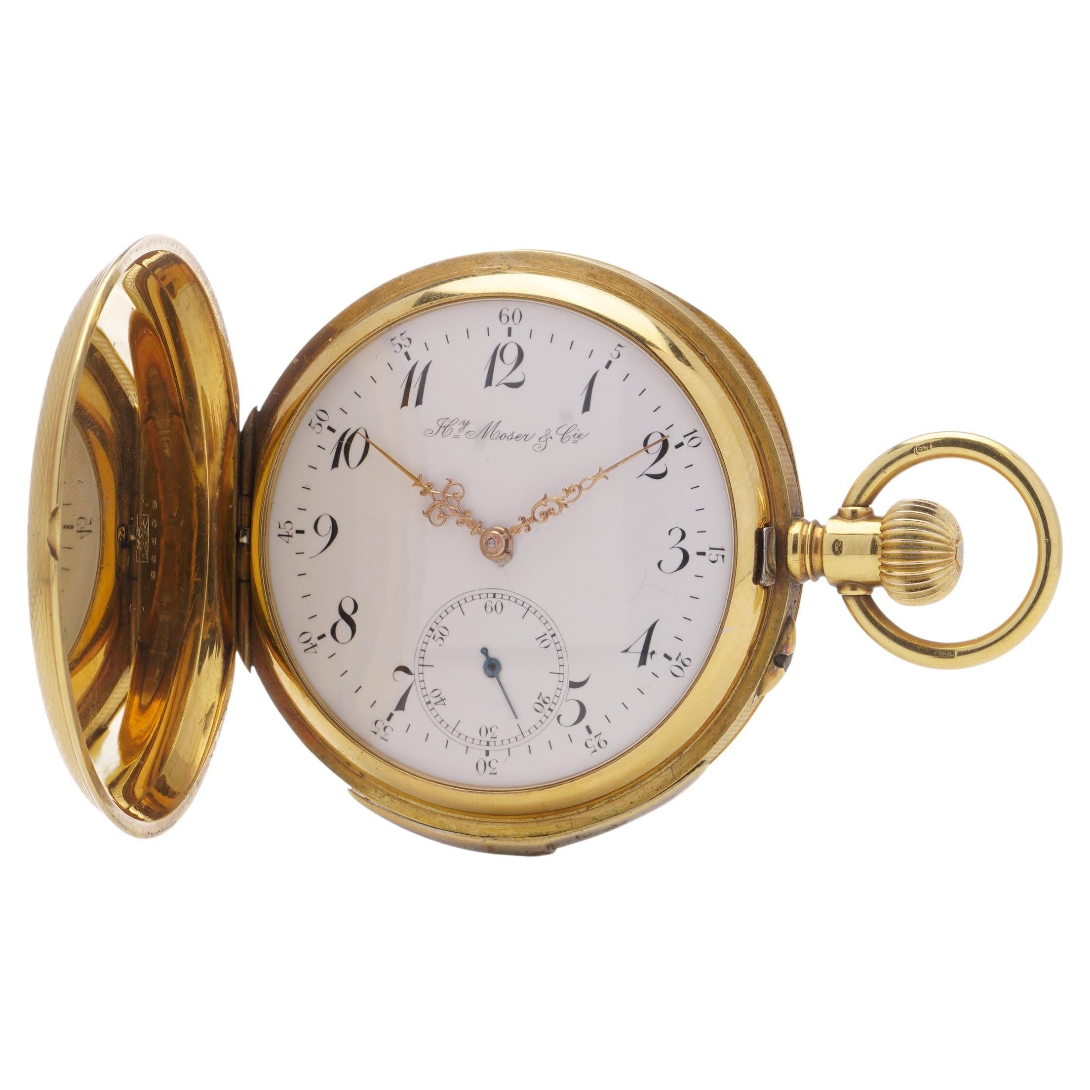 Hy Moser & Cie. 14kt gold quarter-repeater full hunter keyless pocket watch For Sale