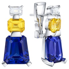 Pendientes "Guacamayo Jacinto" Zafiro Amarillo Tanzanita Diamante Oro Blanco