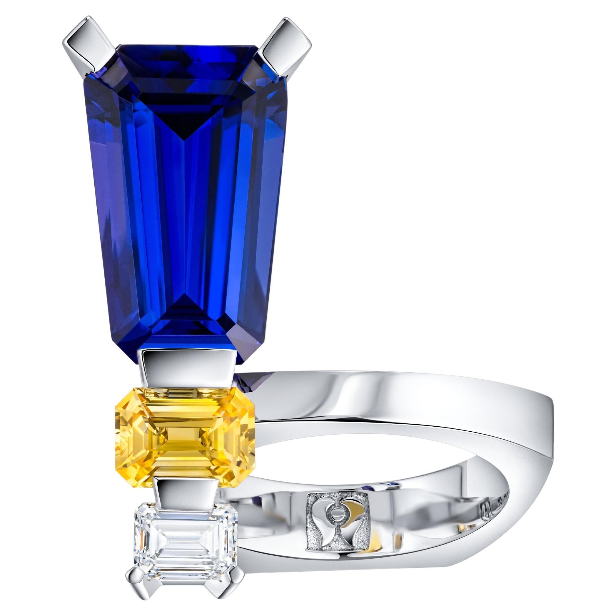 "Hyacinth Macaw" Tanzanite Yellow Sapphire Diamond White Gold Ring For Sale