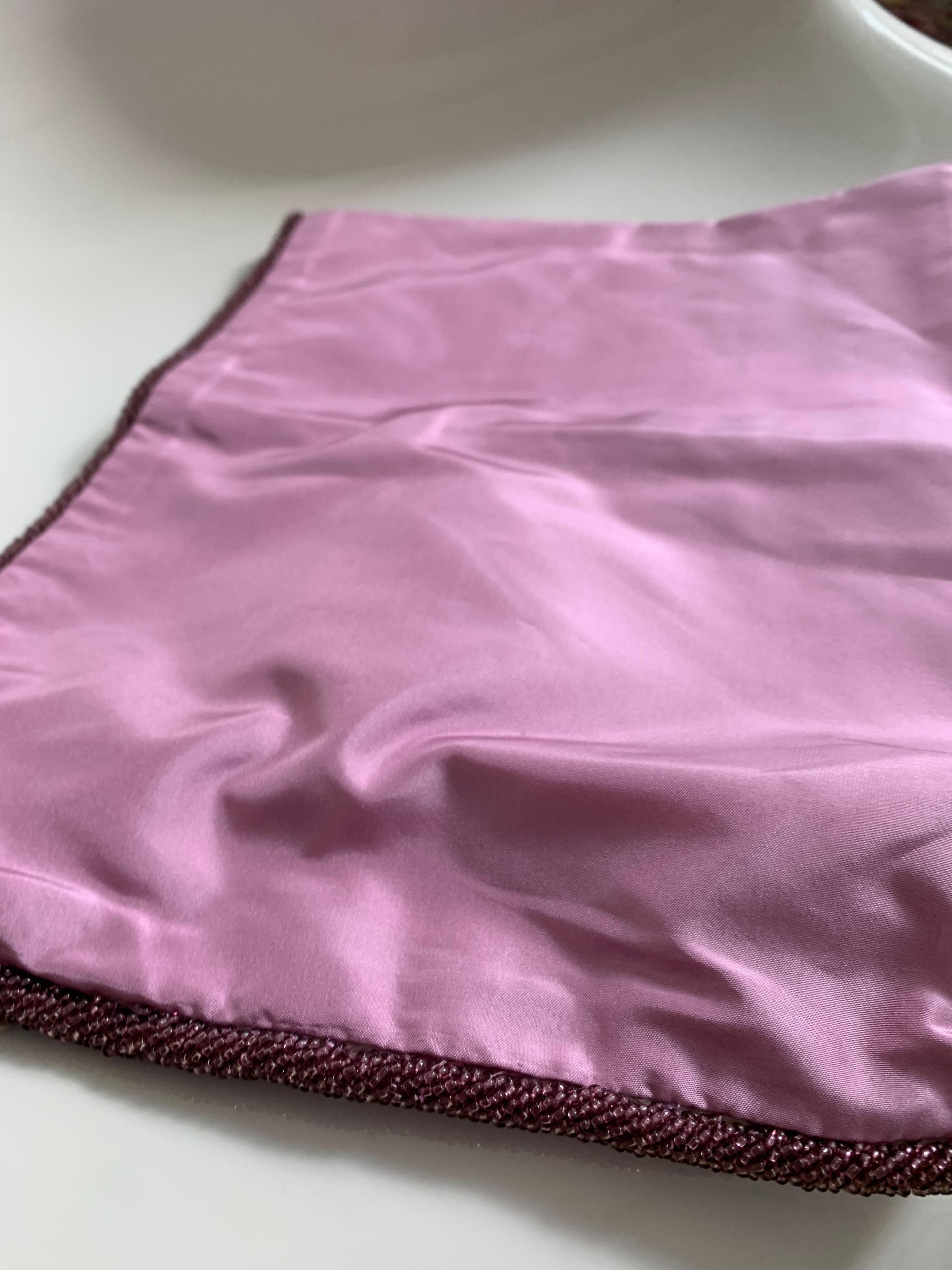 Hyacinth pink silk square pillow sham, pink crystal beaded flange, zip. Measures: 18 x 18 inch.