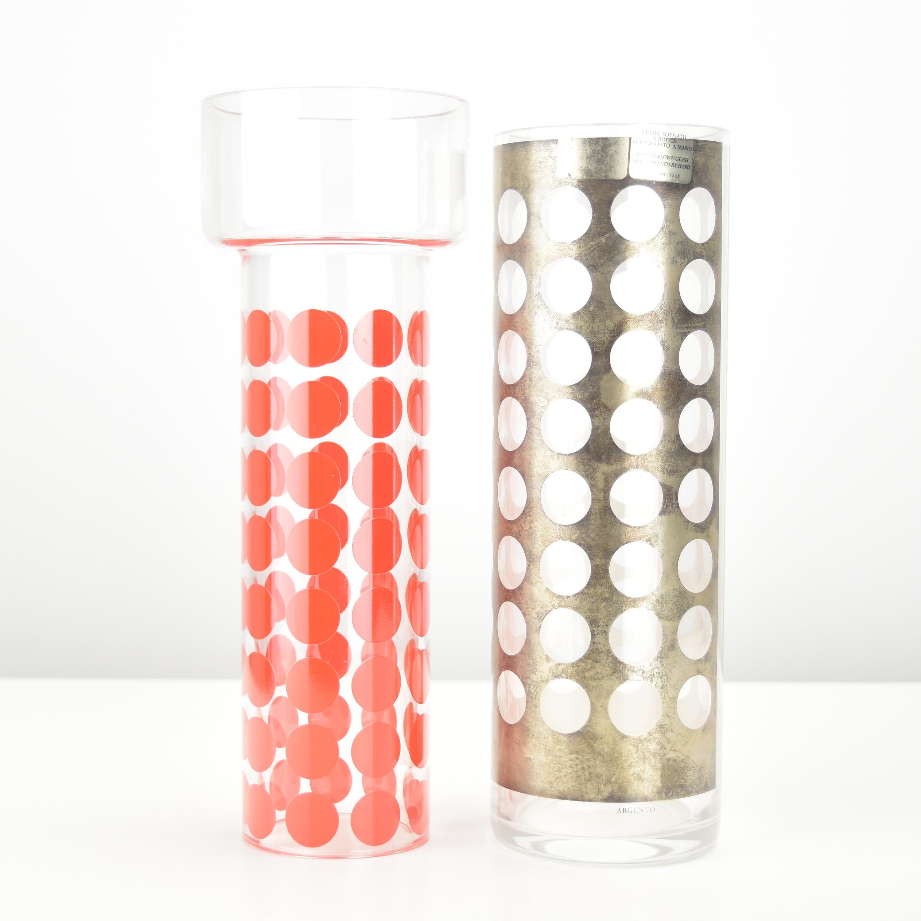 Extremely rare cylindric hyacinth vase with an additional glass liner designed by Manuela and Riccardo Forti when they have been with Sottsass Associati, Milano. Both parts are made of clear glass, the outer vase is decoreated with an sterling