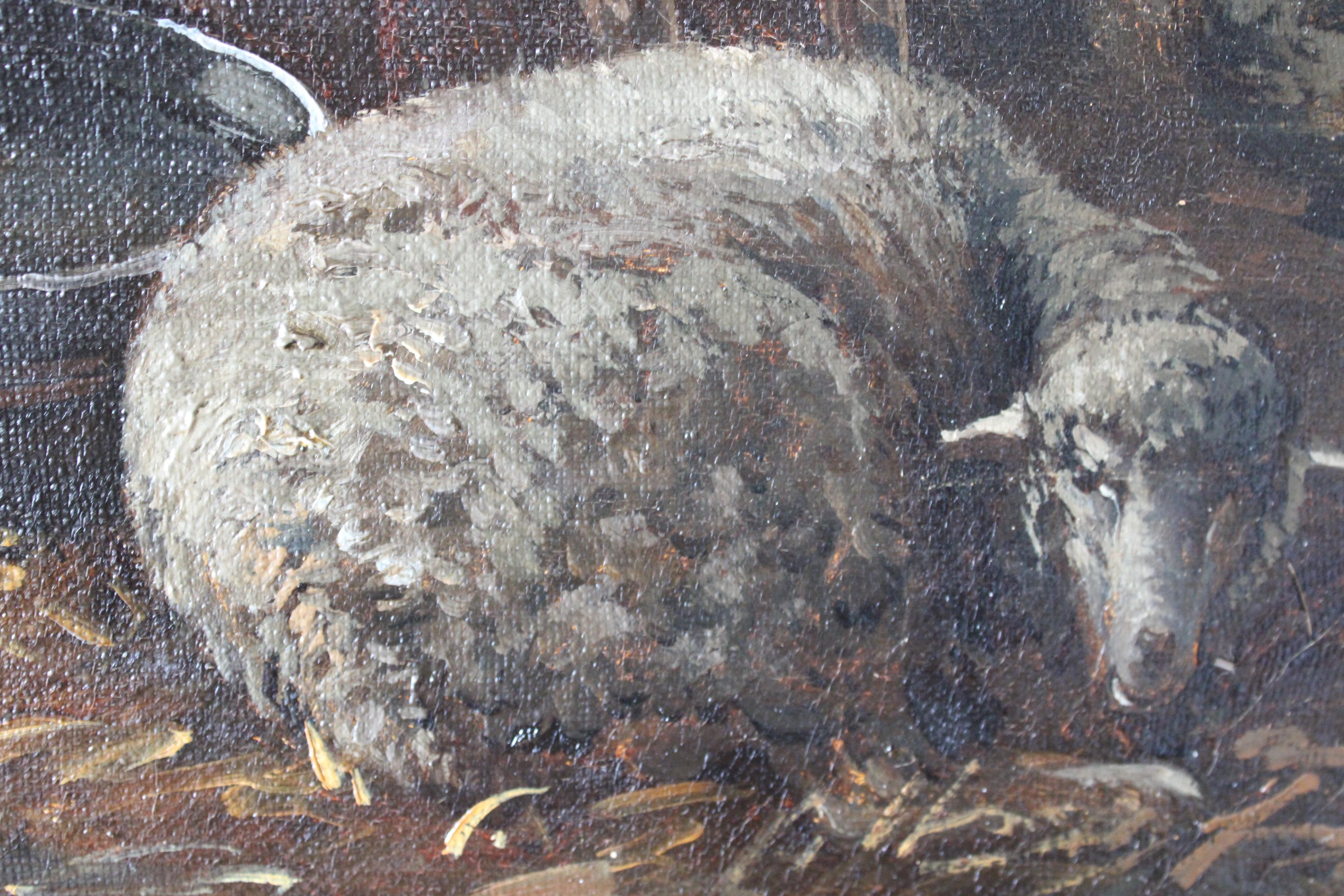 Pintura al óleo sobre lienzo del siglo XIX de ovejas en un pesebre en su marco original del artista francés Hyacinthe Florentin Lepesqueu.  Este cuadro está firmado en la esquina inferior izquierda.  Es una representación oscura y taciturna de