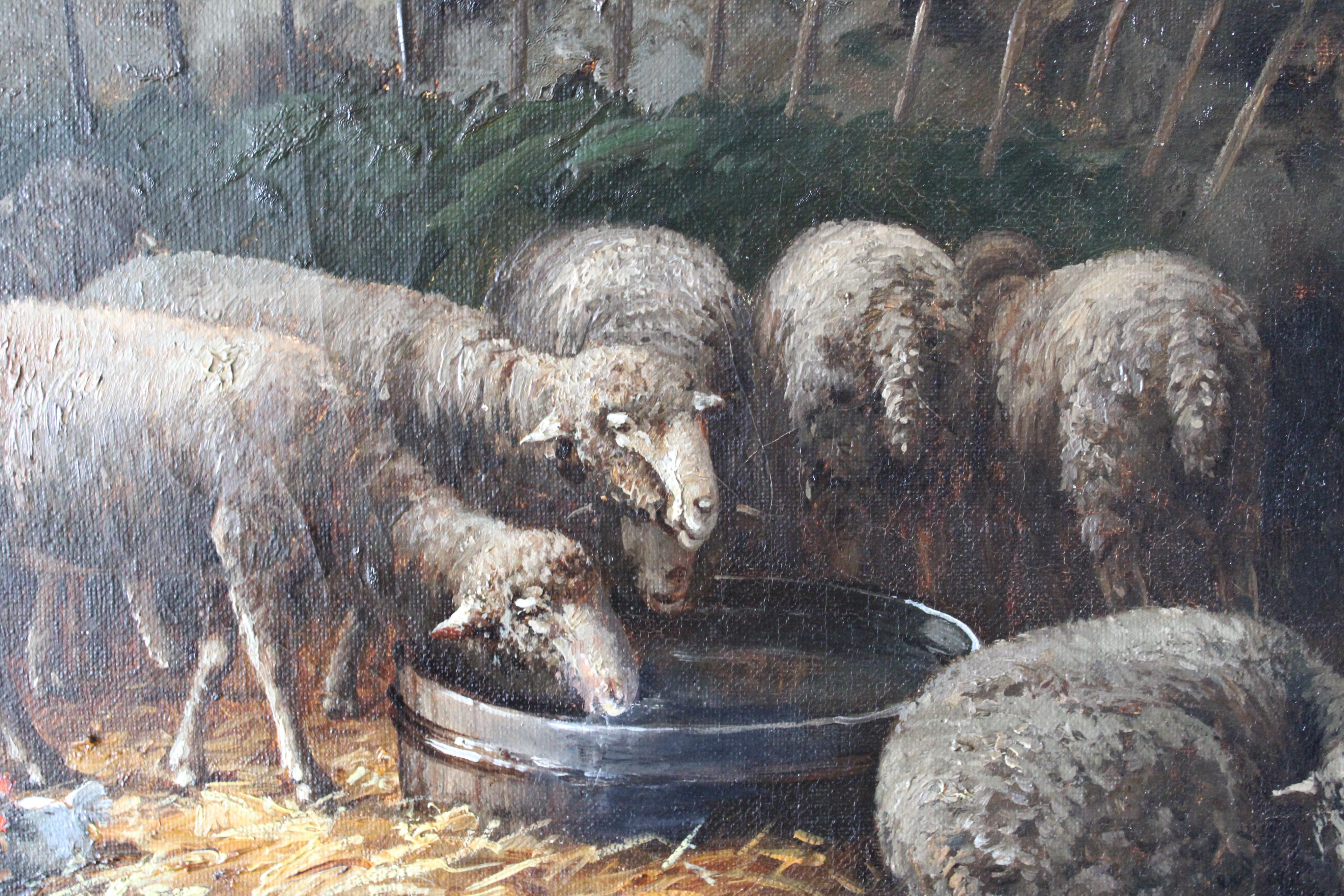 Oveja antigua pintura al óleo animales en paisaje firmada retrato de oveja en venta 3
