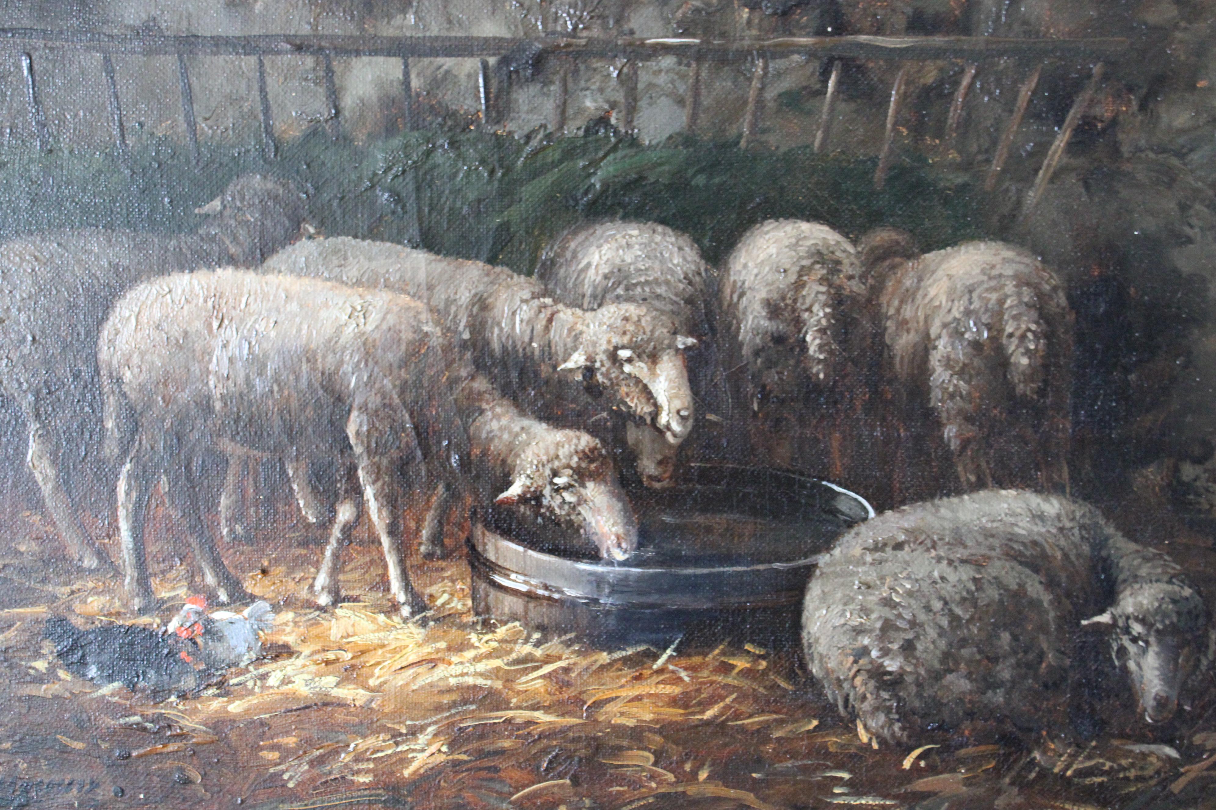 Oveja antigua pintura al óleo animales en paisaje firmada retrato de oveja en venta 4