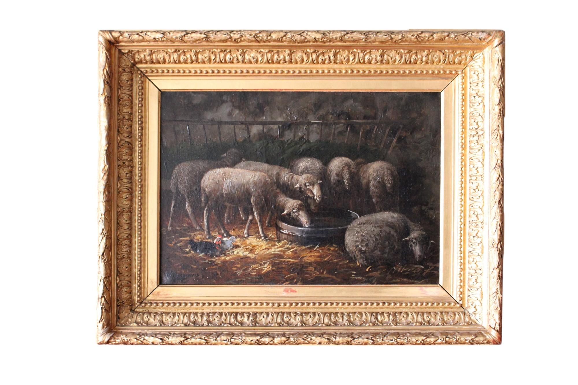 Oveja antigua pintura al óleo animales en paisaje firmada retrato de oveja