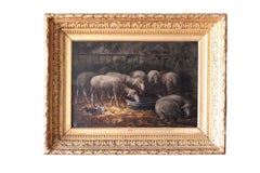 Ancien portrait de moutons représentant des animaux dans un paysage signé
