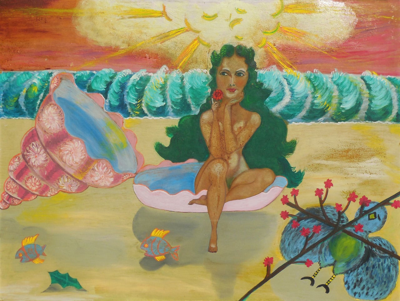 Nude Painting di Hyacinthe Hill - 'Dopo la bomba all'idrogeno', artista outsider di New York, olio figurato di paesaggio marino