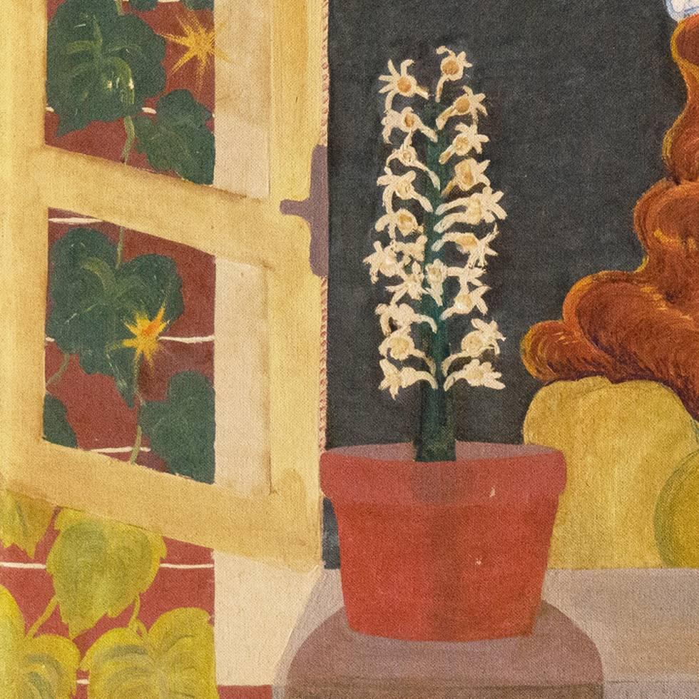 Signed verso, 'Hyacinthe Hill' (American, 1920-1989) with artist address and painted circa 1955.

A striking mid-century work by this notable New York artist and poet showing her flanked by white hyacinths and gazing from the window of her house on