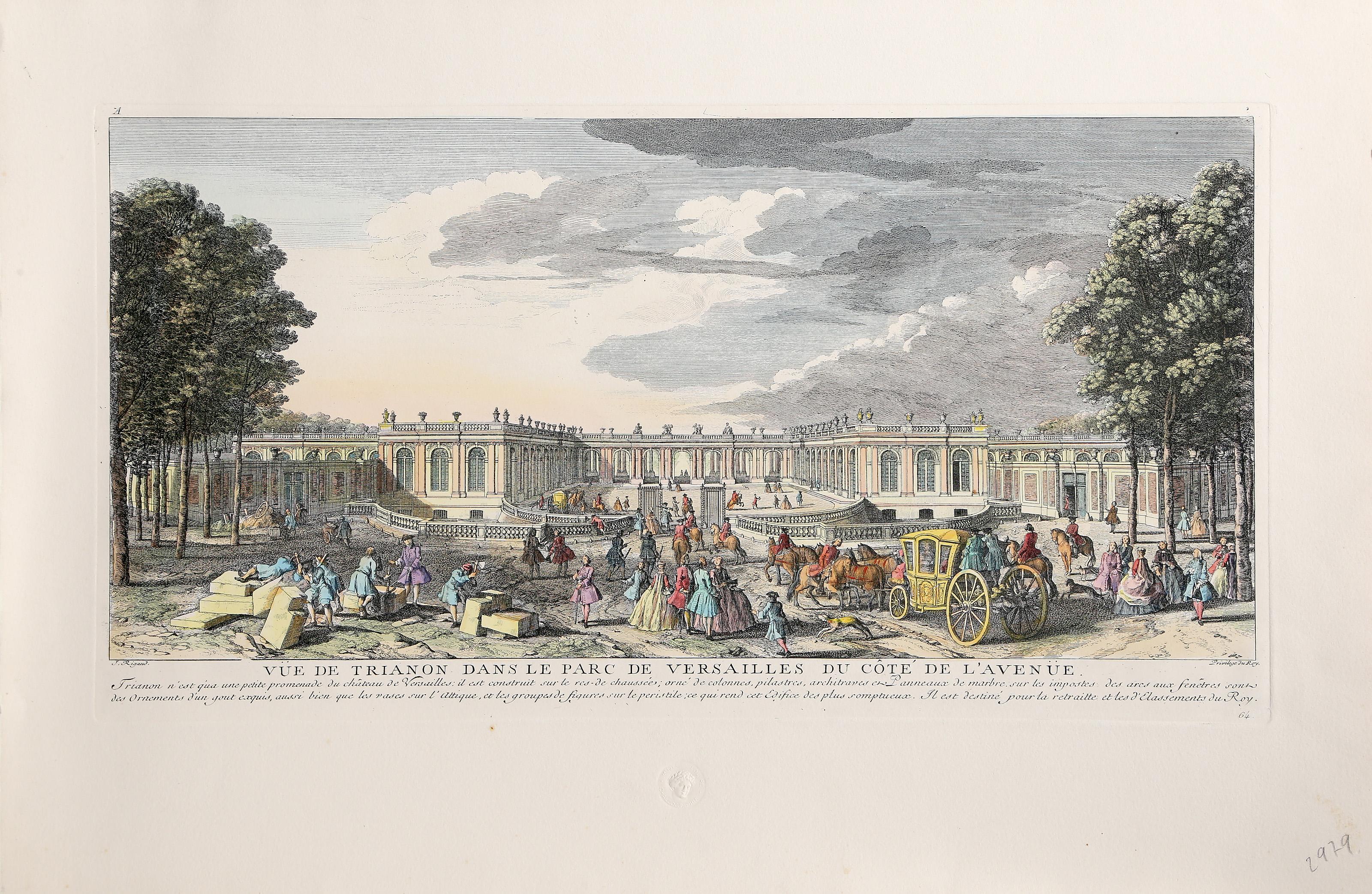 Vie de Trianon, gravure baroque colorée à la main par Hyacinthe Rigaud en vente 1