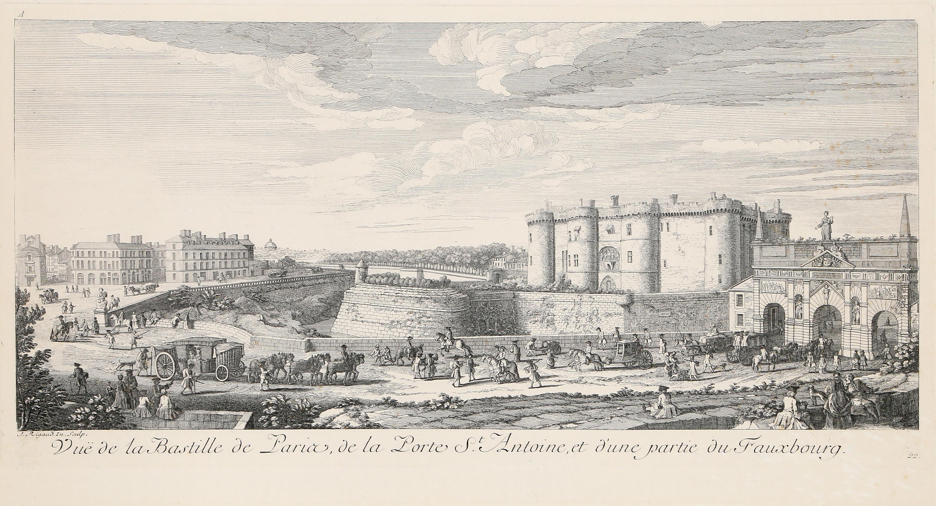 Hyacinthe Rigaud, Après, Français (1659 -1743) - Vue de la Bastille, Année :  de l'original : 1750, Médium :  Gravure coloriée à la main, signée dans la plaque, Edition :  ~1000, Taille de l'image :  8.5 x 18.5 pouces, Taille :  14.5 x 22 in. (36.83