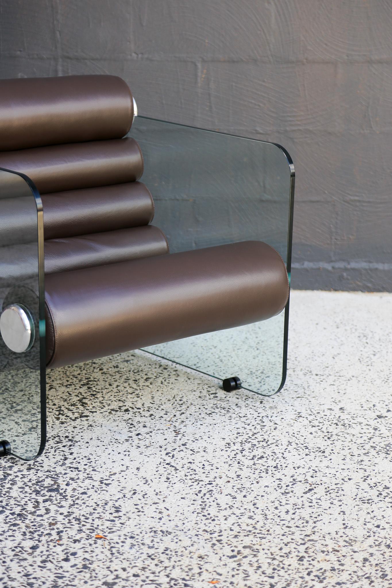 Aluminum Hyaline Armchair by Fabio Lenci for Standing Italy in Dark Brown Leather 1970's For Sale