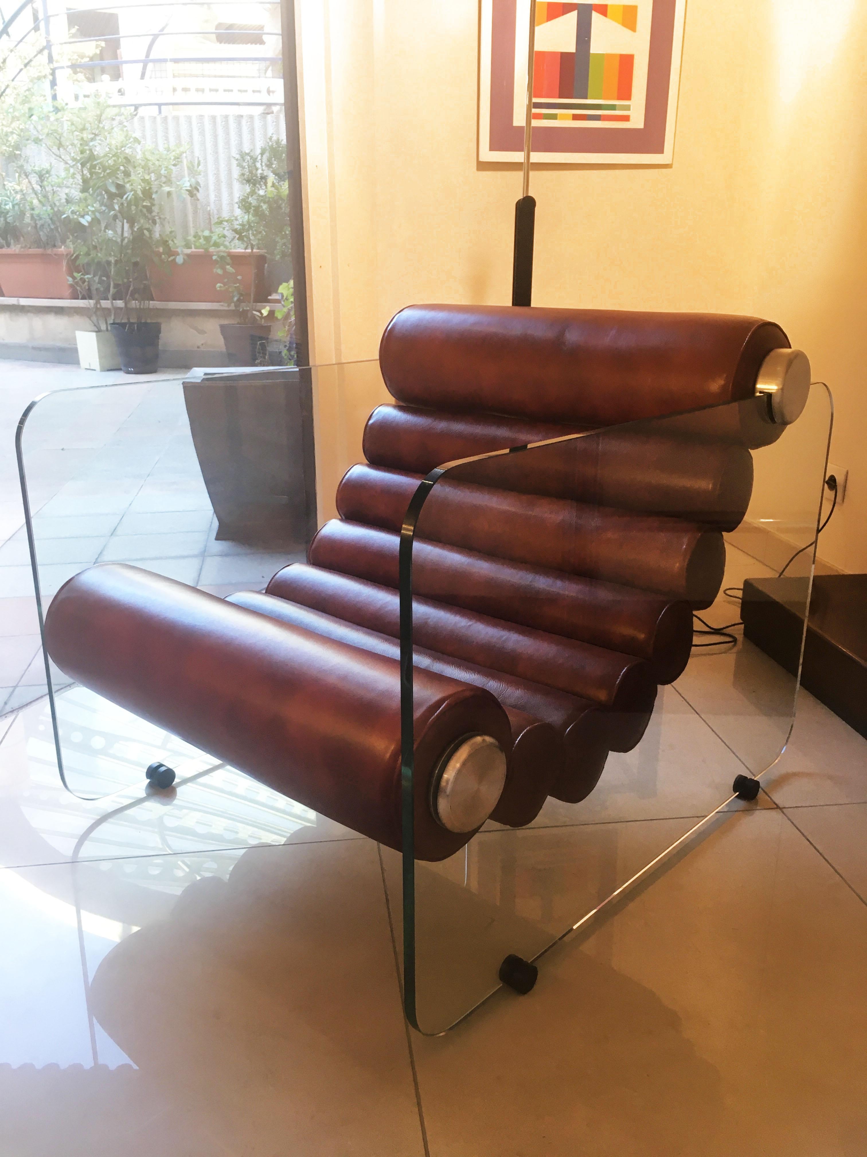 Hyaline Chair Lounge Glass and Leather, 1974 In Excellent Condition For Sale In Saint Ouen, FR