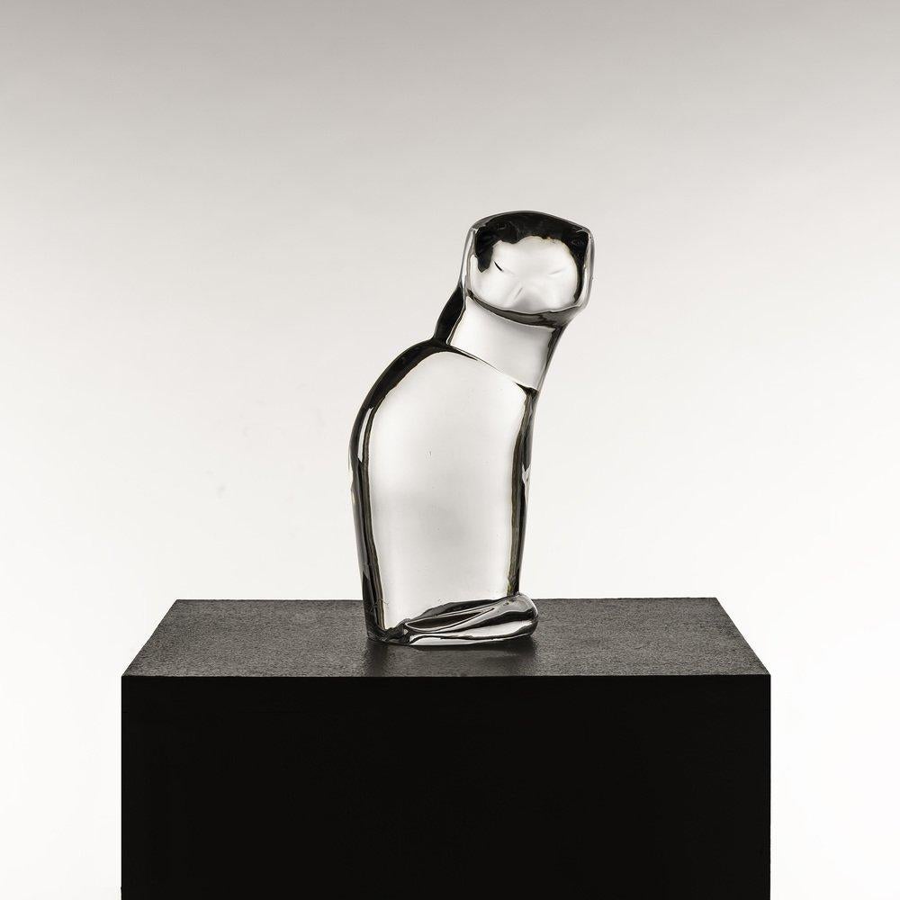 Hyaline Glass Cat Sculpture by Olle Alberius for Orrefors, 1970s In Good Condition For Sale In BARCELONA, ES