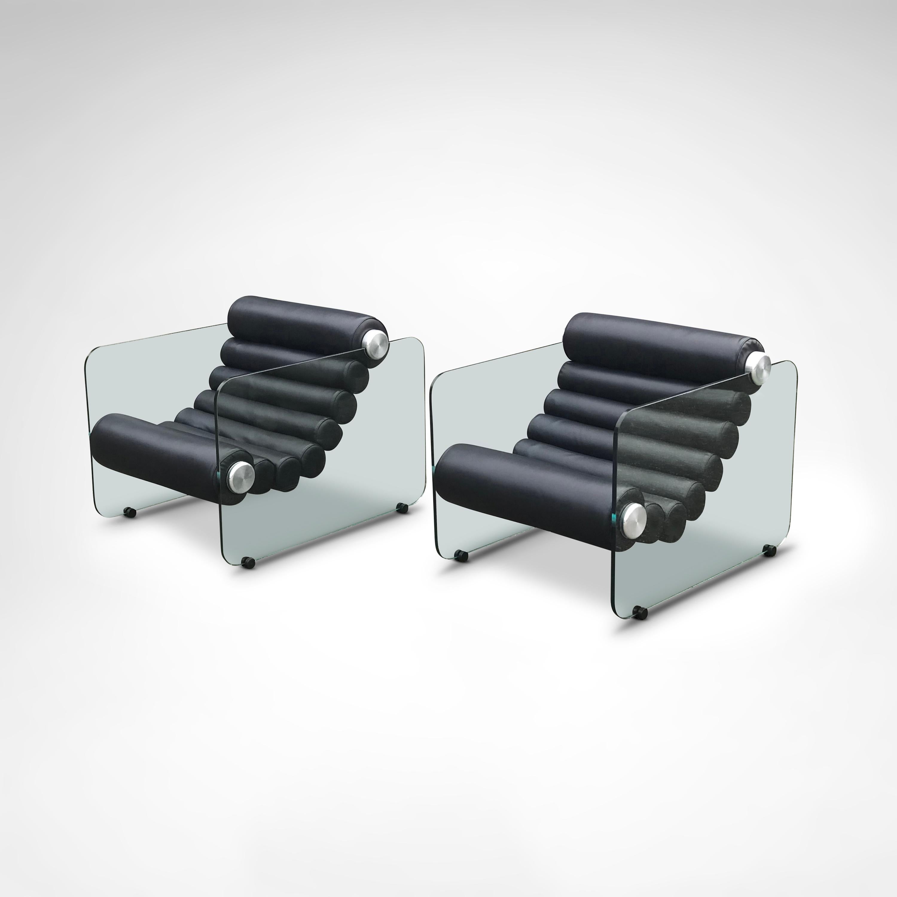 Italian Hyaline leather and glass armchair by Fabio Lenci for Stendig Italy 1960s, set 2 For Sale
