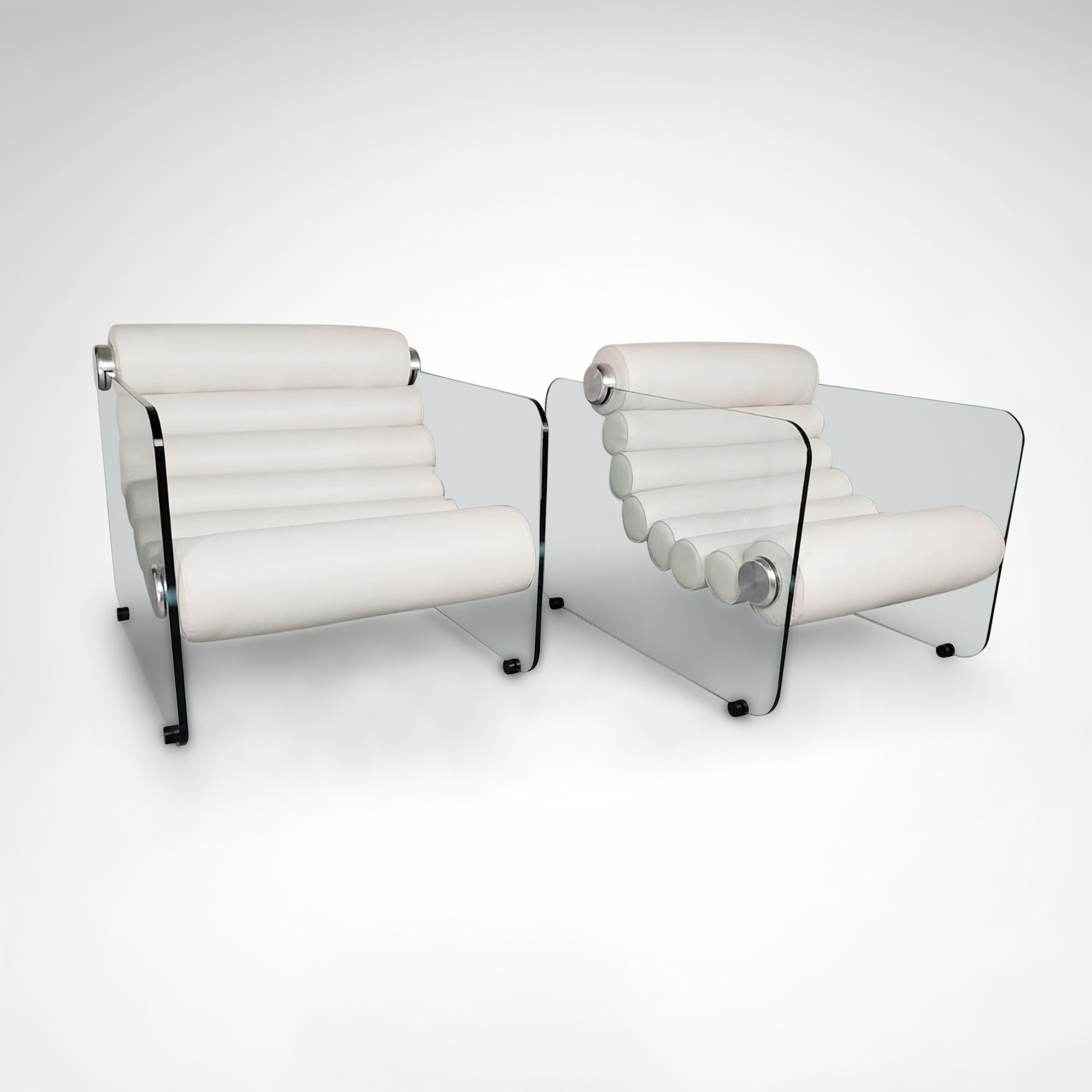 Leather Hyaline leather and glass armchair by Fabio Lenci for Stendig Italy 1960s, set 2 For Sale