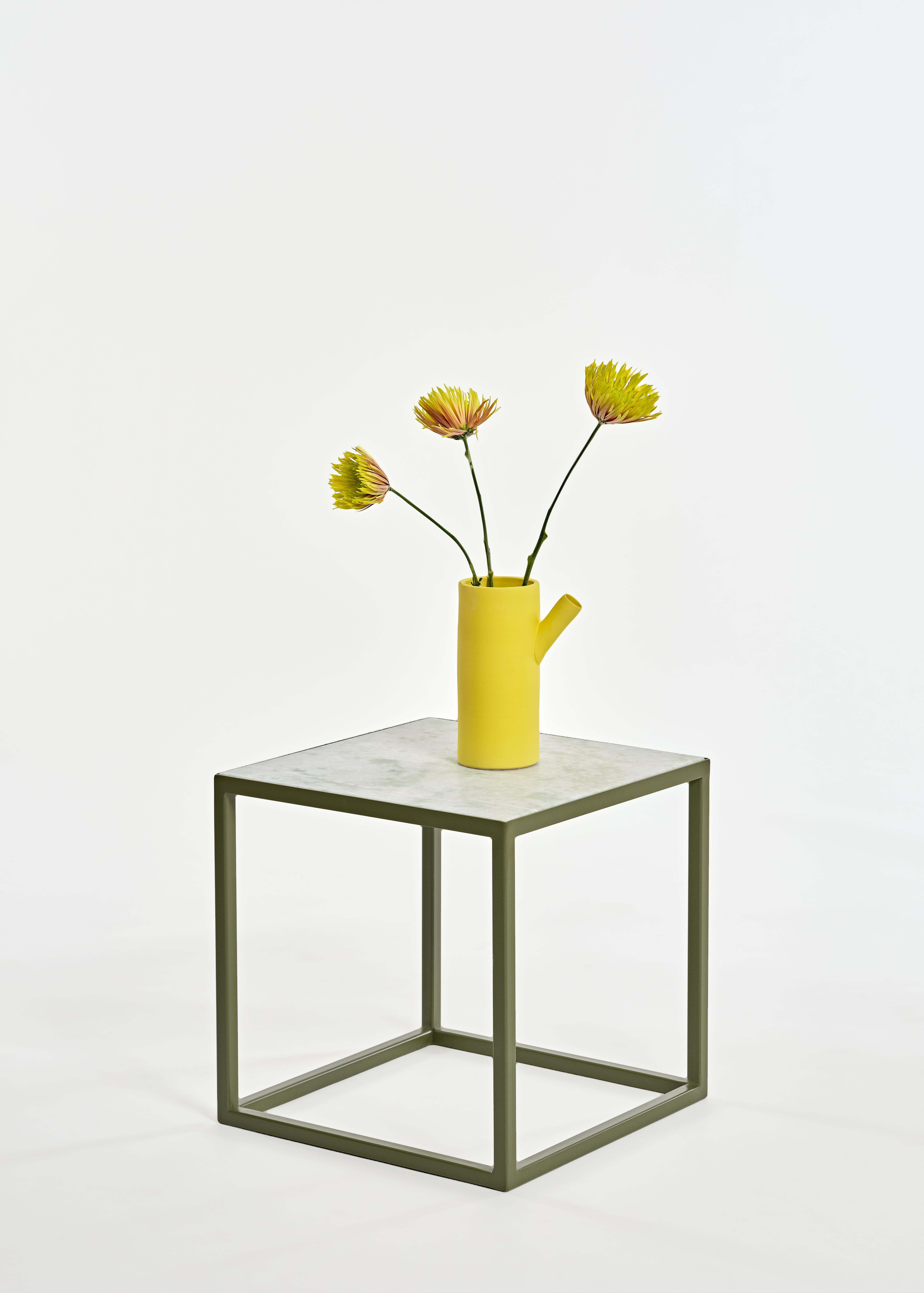Contemporary Hybrid Side Table by Pieces, Modern Customizable End Table in Stone Glass Wood For Sale