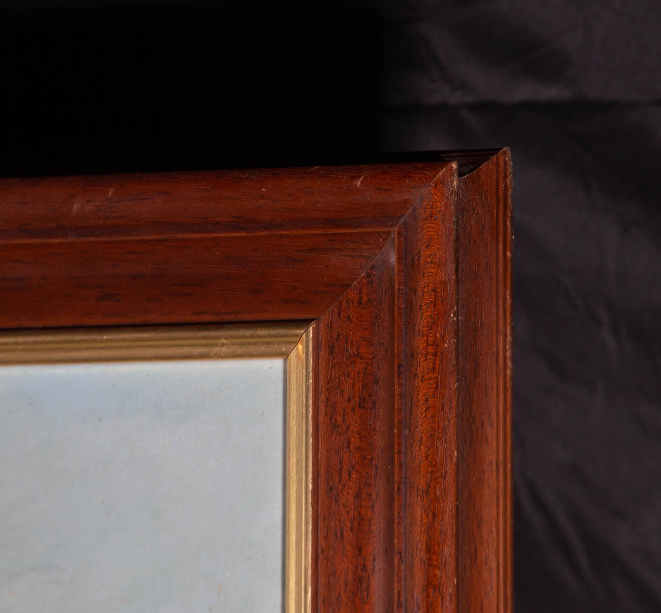 A dynamic painting of a clipper ship in full sail. Presented in a wooden frame with a gilt-effect inner edge. Signed to the lower-left edge. On canvas on stretchers.
