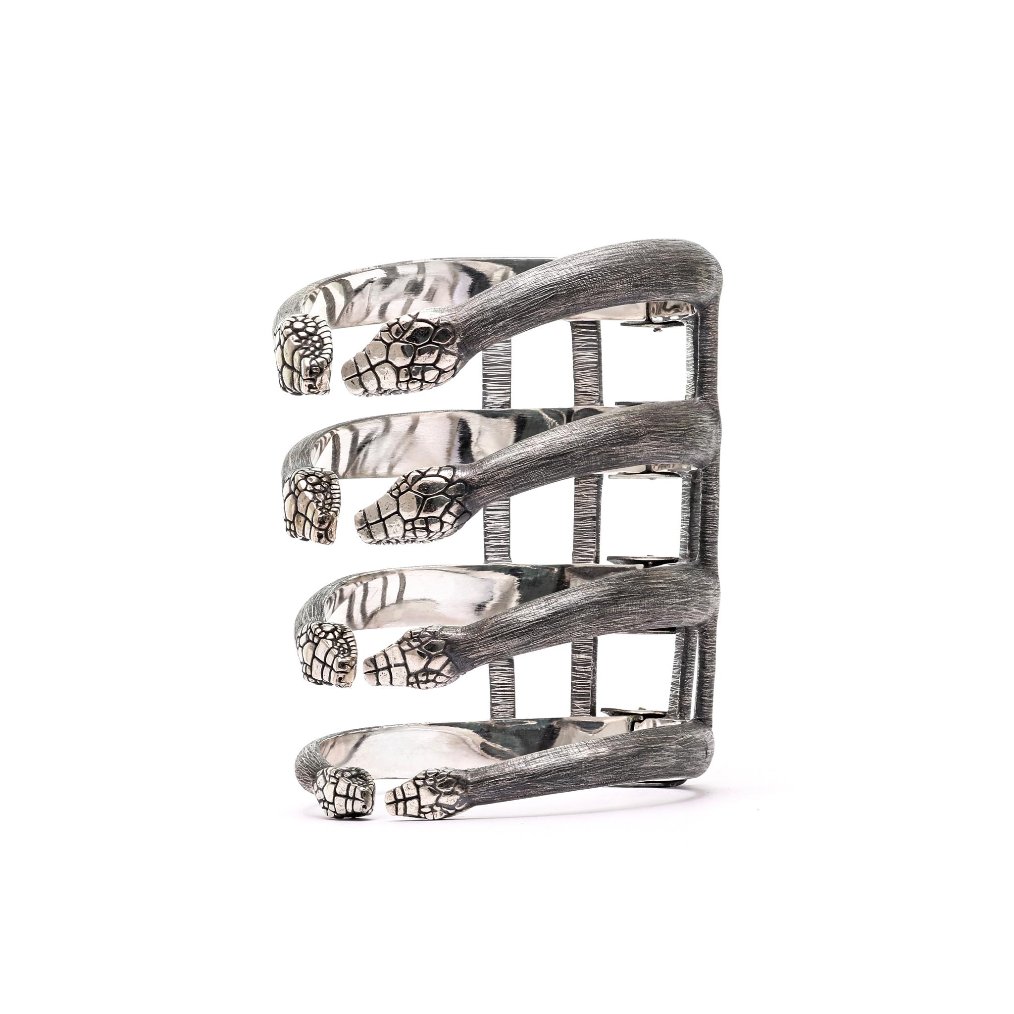 Modern Hydra Bracelet with 8 Snake Heads Crafted from Sterling Silver Etched & Oxidised