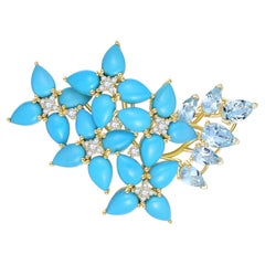 Hydrangea Blossom 9.75ctw Turquoise Aquamarine Diamond Brooch/Pendant