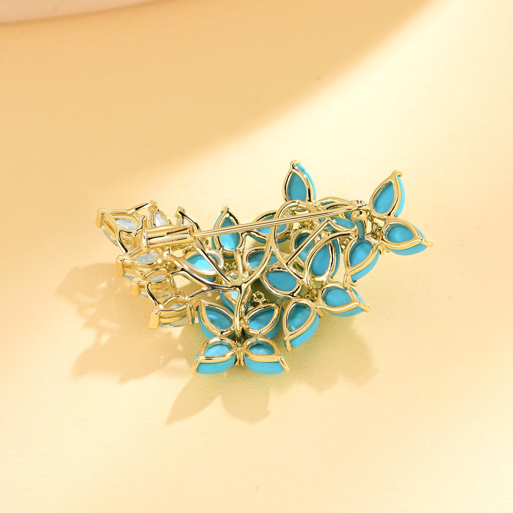 Contemporary Hydrangea Blossom Turquoise Aquamarine Diamond Convertible Brooch/Pendant For Sale