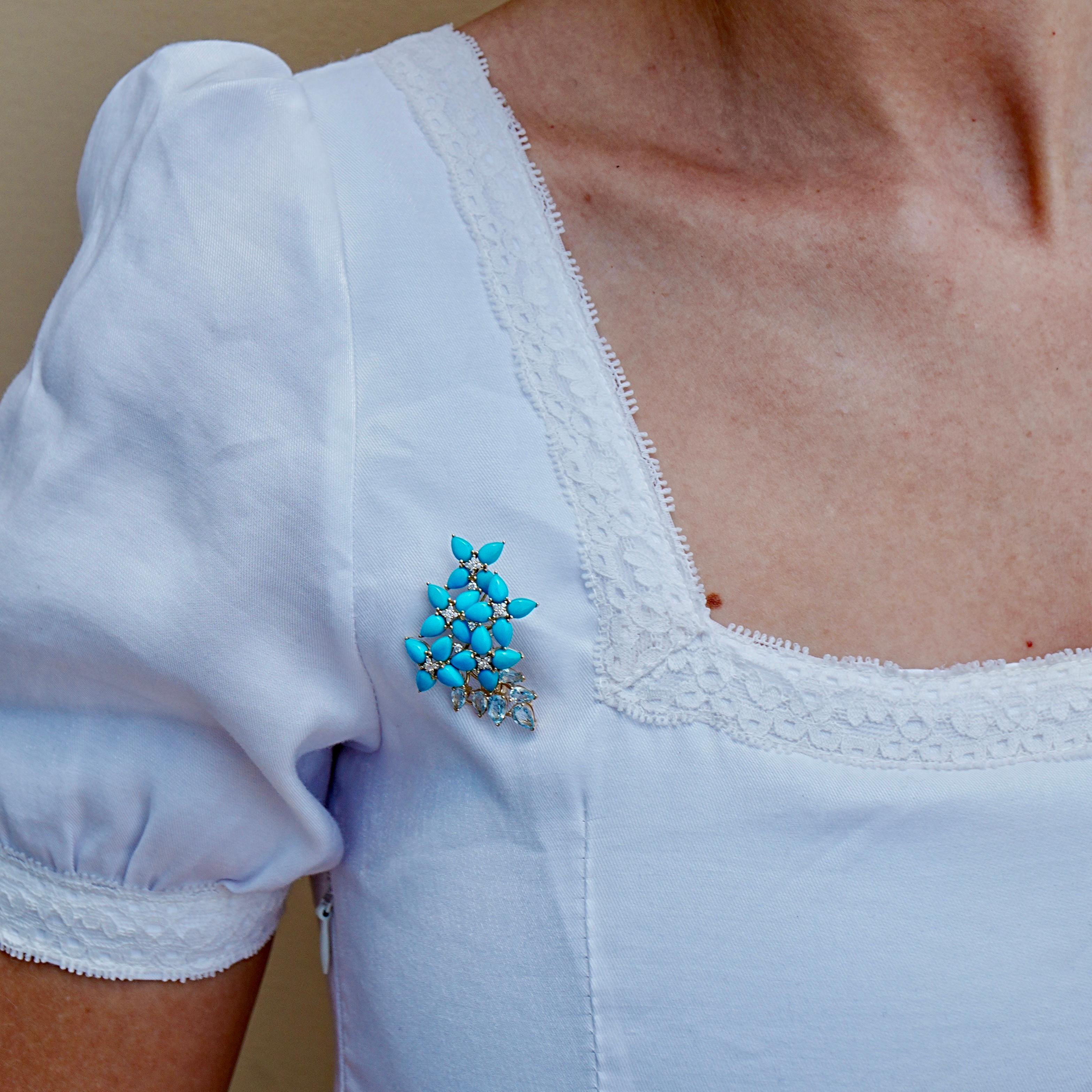 Pear Cut Hydrangea Blossom Turquoise Aquamarine Diamond Convertible Brooch/Pendant For Sale